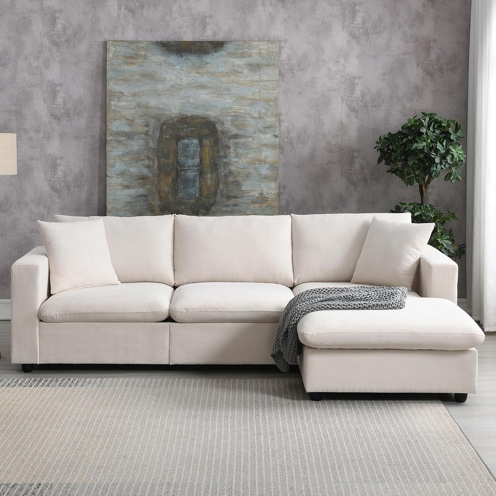 Tmsan 100.4' Beige Cloud Couches for Home Living Room Sofa Set, Modern L Shaped Sectional Couch with Convertible Ottoman, 4 Seater Comfy Polyester Fabric Modular Sofa for Apartment Bedroom Office