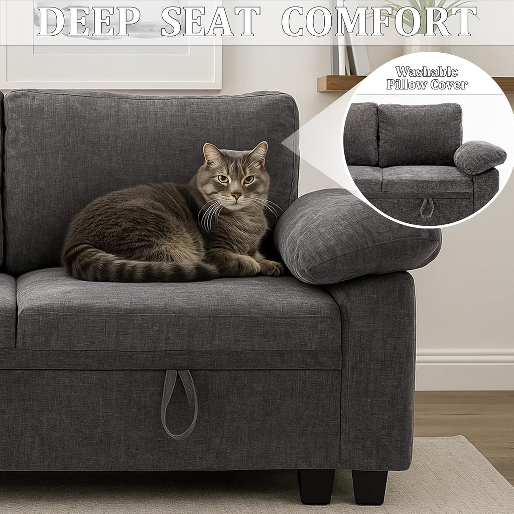 108 Inch Sectional Sleeper L Shaped Sofa with Pull Out Bed, Modular Sectional Sofa with Storage, Modern Chenille Cloud Couch, Sectional Couches for Living Room, Grey