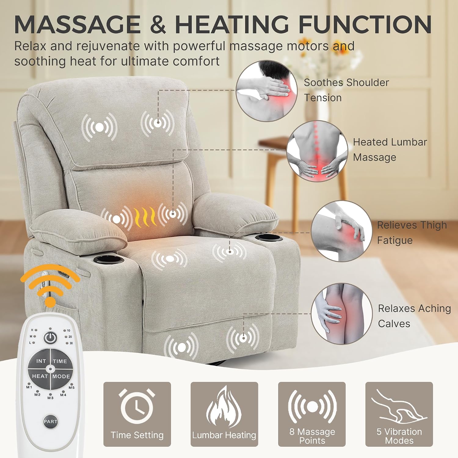 Recliner Chair Power Control, Nursery Reclining & Rocking Chair and Glider, Massage Swivel Living Room Furniture for Small Spaces, Bedroom, RVS, Lounge Sofa Chairs with USB & Type C Ports, Light Gray