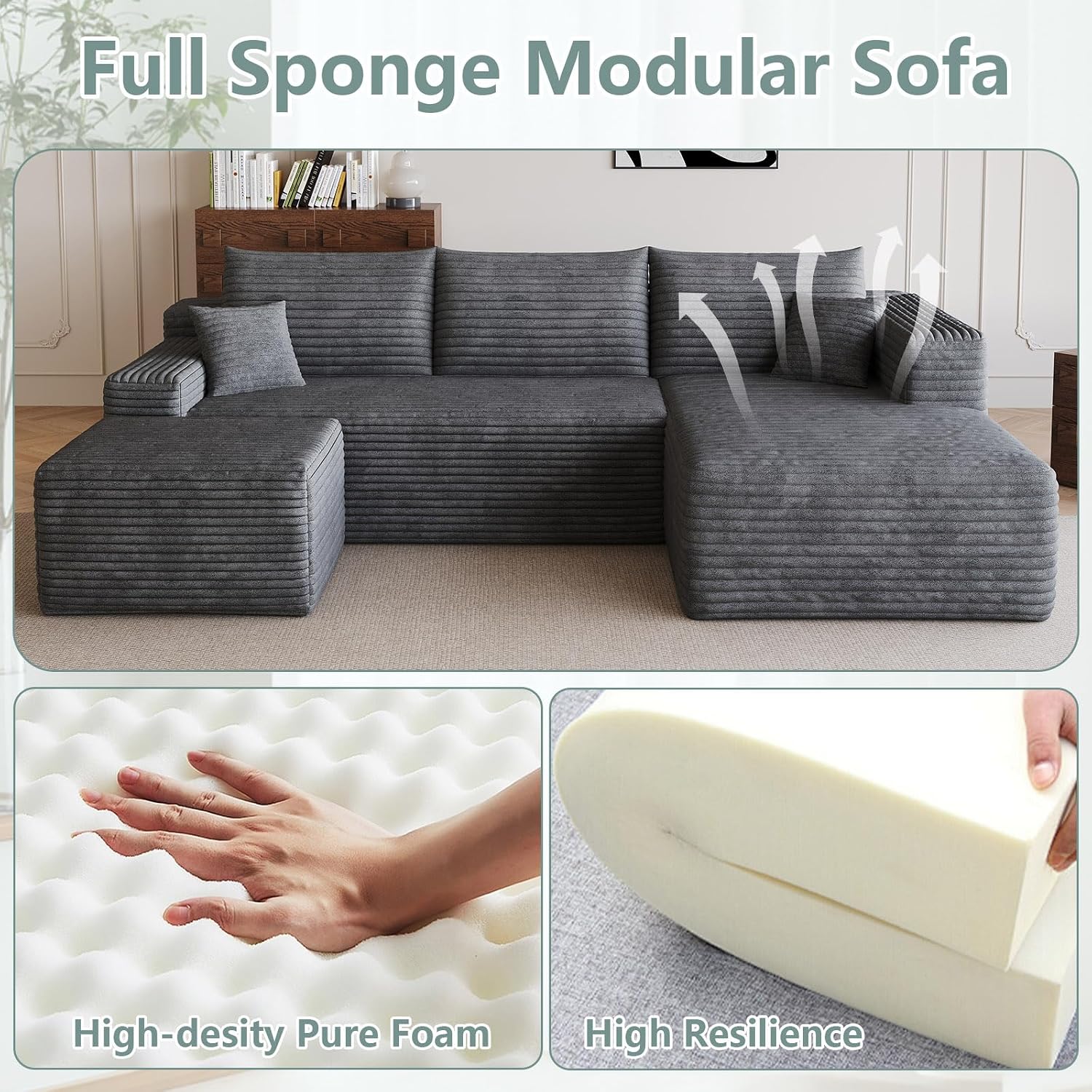 95' Modular Sectional Sofa with Ottoman, Modern Corduroy Cloud Couch Deep Seat, Boneless Couch Upholstered 3-Seater U-Shaped Sofa for Living Room, No Assembly (Dark Gray,Right-Facing Chaise)