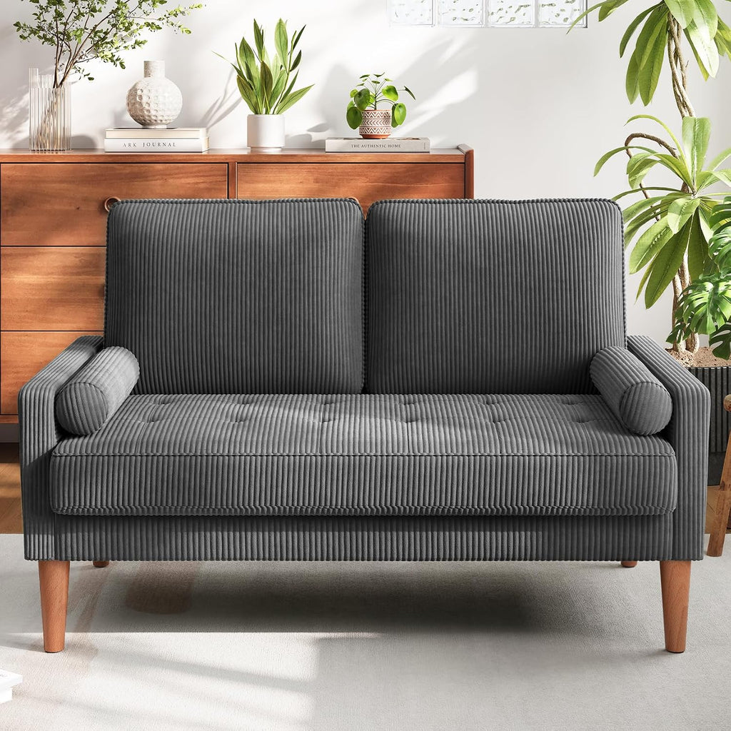 Vesgantti Loveseat Sofa with Solid Wood Legs, Small Corduroy Couches for Small Spaces, Mid Century Modern Love Seat for Living Room, Bedroom, Easy Assembly with Throw Pillow, Grey