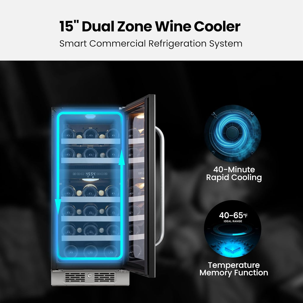 15 inch Wine Fridge Cooler 29 Bottles Dual Zone Wine Refrigerator Under Counter with Glass Door 3 LED Built-in or Freestanding Fridge Adjustable Shelves for Home Bar Kitchen 3.0 cu.ft