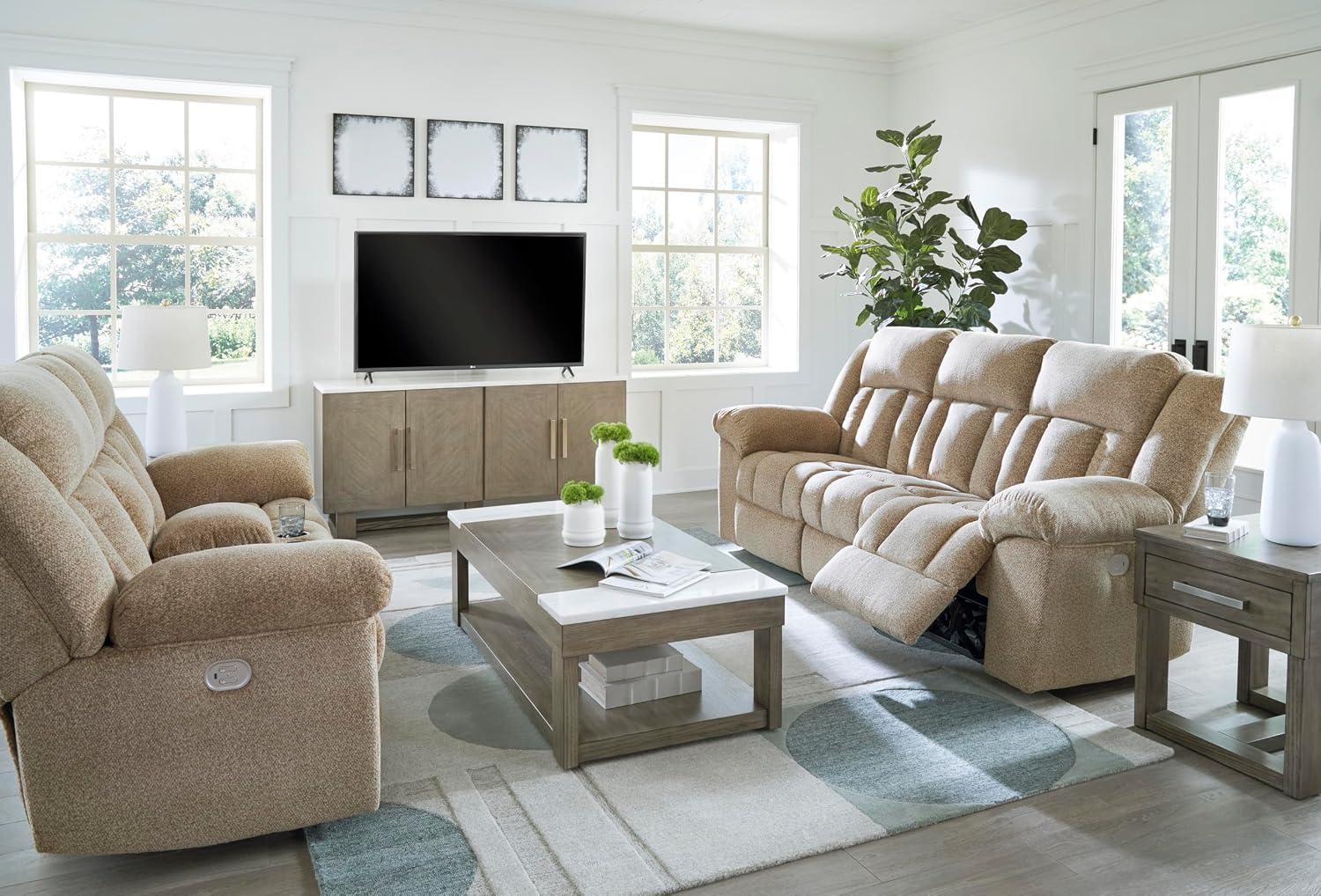 Signature Design by Ashley Tip-Off Classic Wall Hugger Power Reclining Loveseat with Adjustable Headrest, USB Ports, Storage and Cup Holders, Light Brown