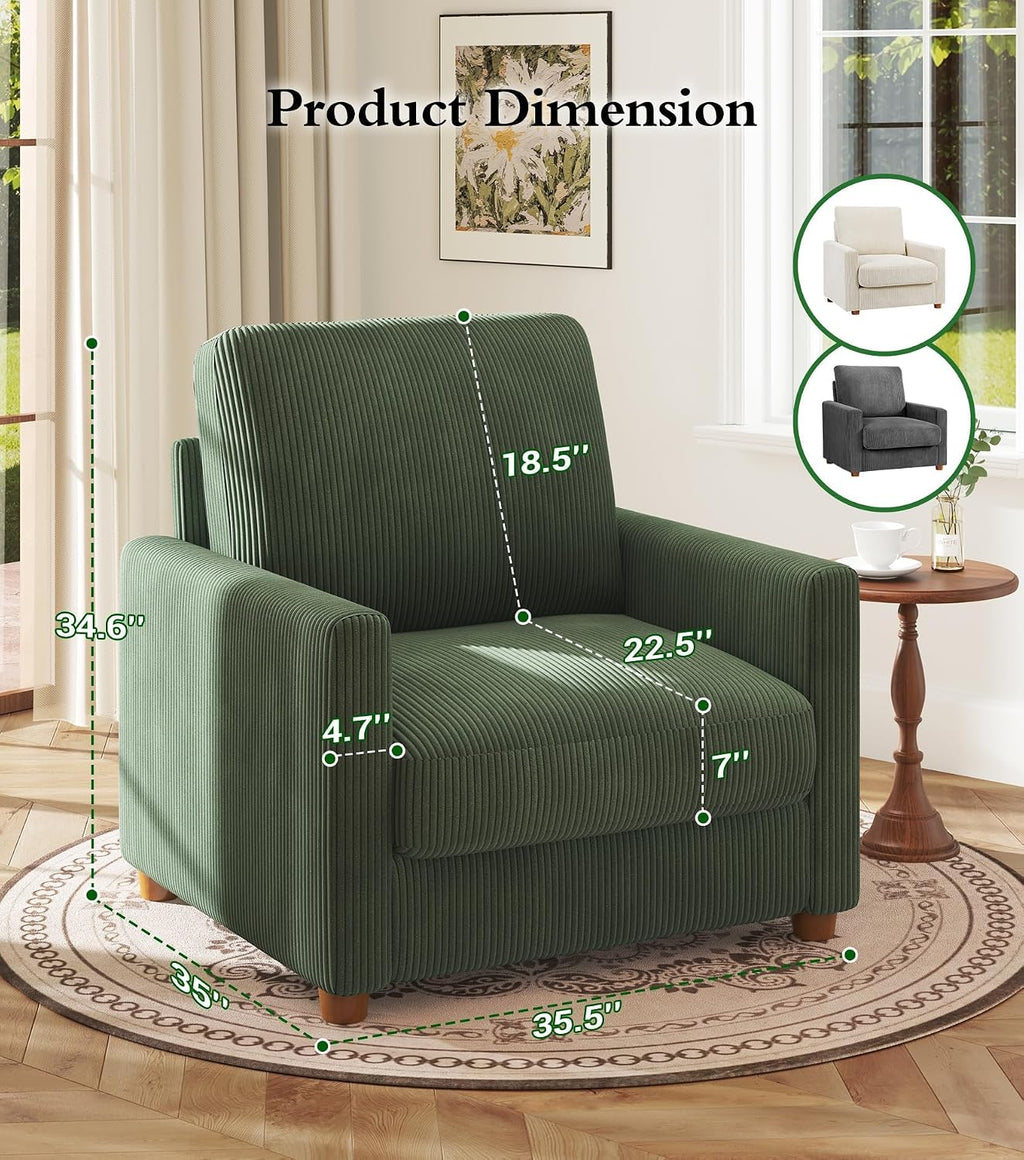 Kidirect 35.5in Corduroy Sofa Accent Chair, Tool-Free Setup Living Room Couch Accent Chairs, Reading Chair for Bedroom 22.5in Extra Deep Seats, Comfy Arm Chairs for Office, All-Wood Reading Nook Green