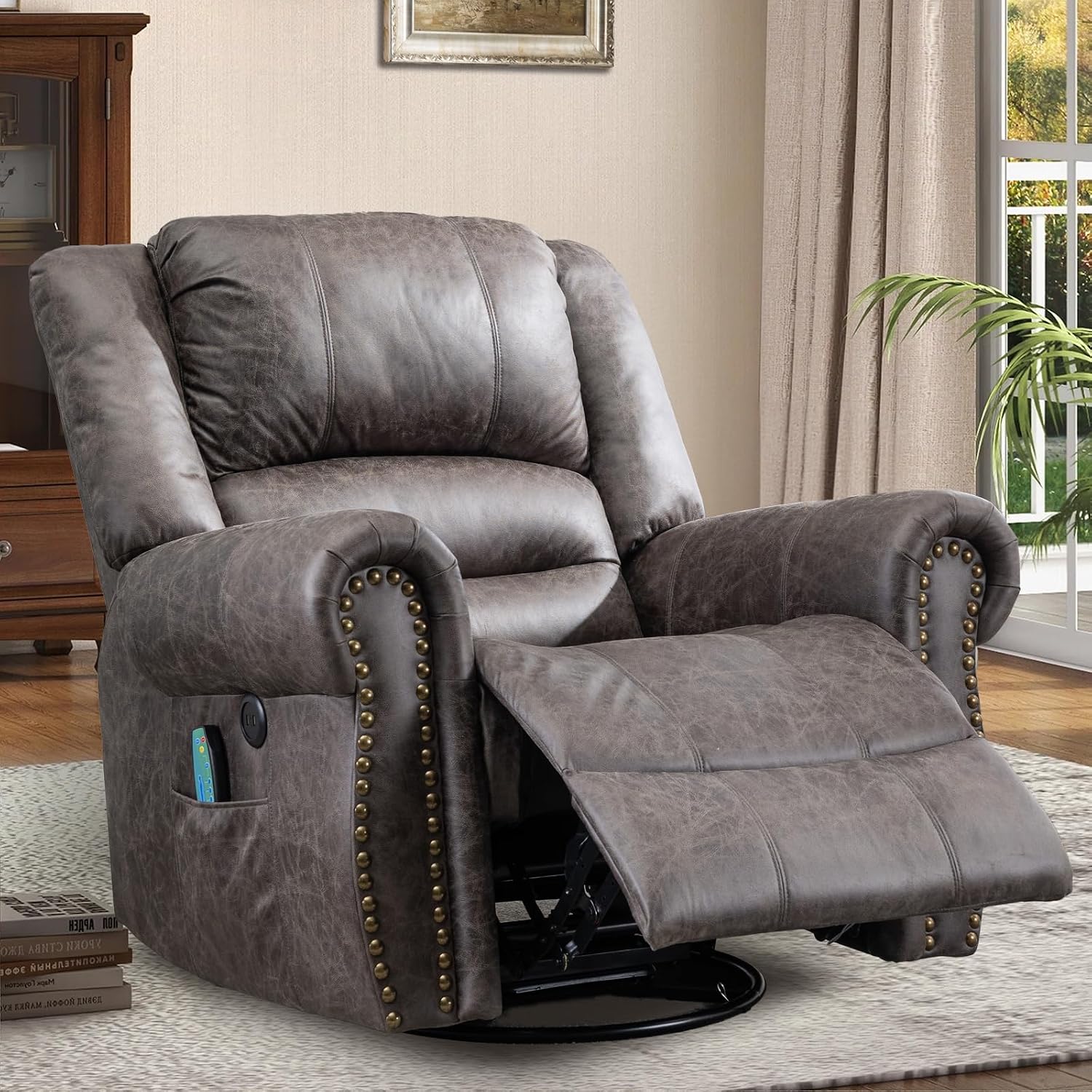 Manual Massage Recliner with Heating Function, 360° Swivel Glider Rocking Recliner Chair for Living Room, Ergonomic Single Sofa Chair with Remote Control/USB Ports/Side Pockets(Grey)