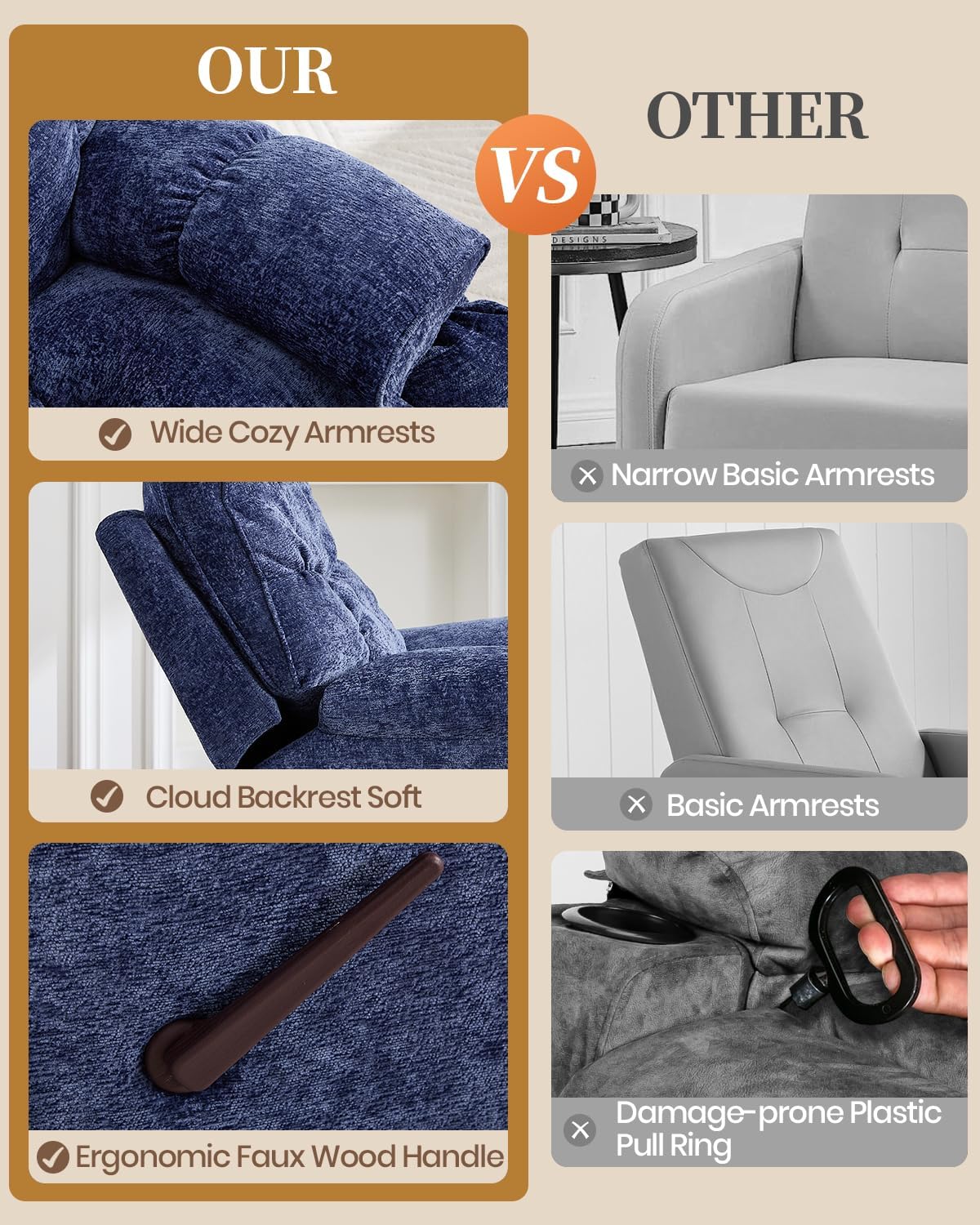 Oversized Manual Recliner Chair with 360° Swivel, Big and Tall Rocker Glider for Nursery Living Room, Chenille Overstuffed Reclining Sofa with Handle, 375lbs (Blue, Manual)