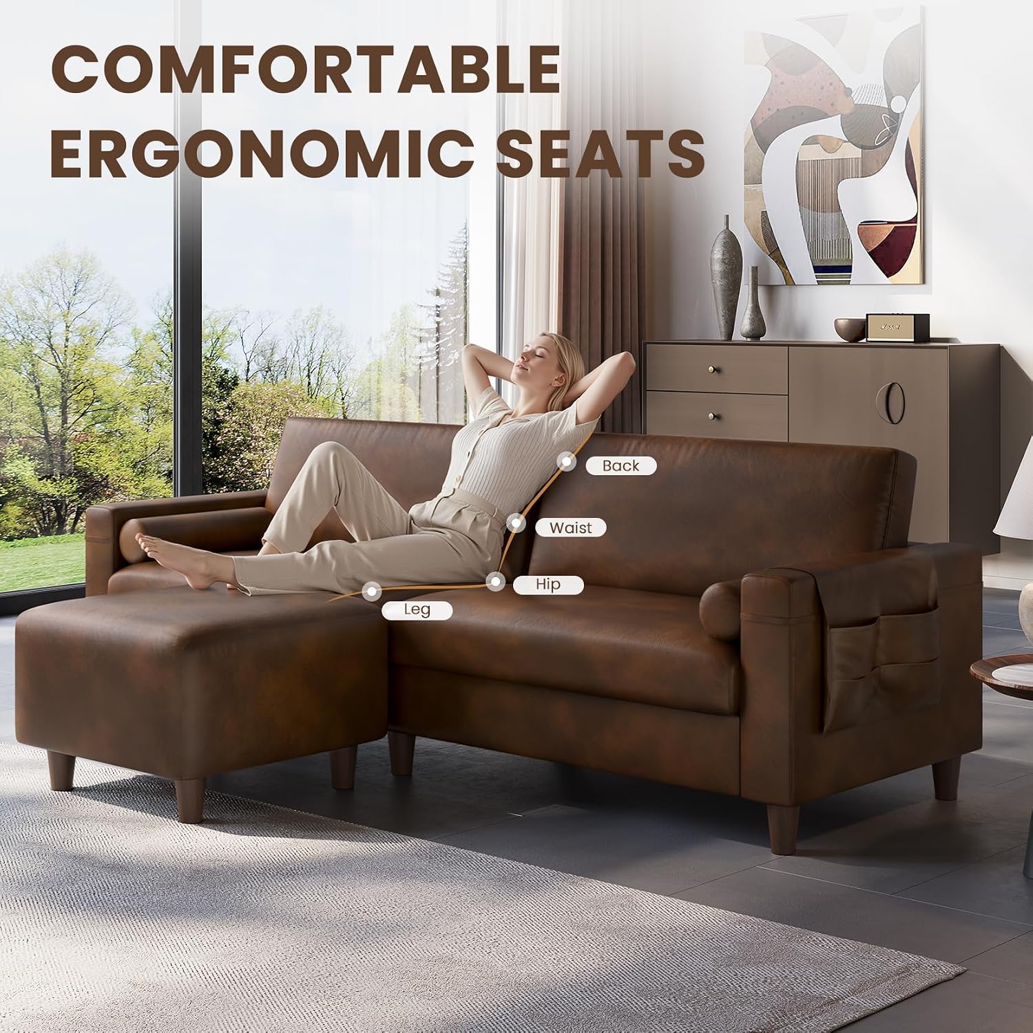 Vesgantti 100' PU Faux Leather Couch with Movable Ottoman, Large 2 Seater L Shaped Leather Sectional Sofa with Side Pocket, Comfy Mid Century Modern Modular Sofa for Living Room, Apartment, Cocoa