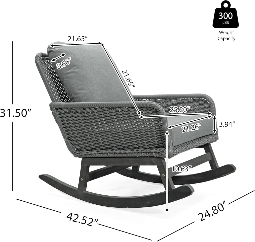 Merax 2-Piece Outdoor PE Rattan Rocking Chairs Seating Set, Wicker Modern with Soft Polyester Cushioned, Wooden Frame for Patio, Balcony Relaxation, Gray