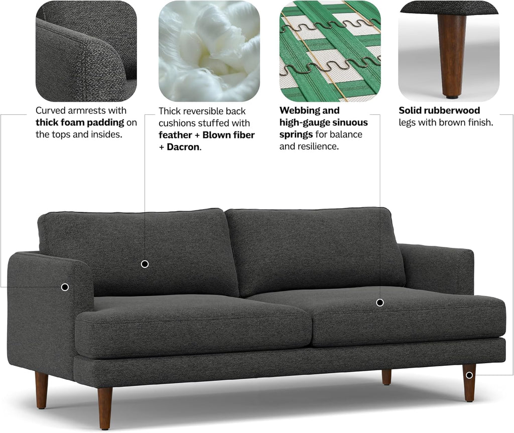 SIMPLIHOME Livingston 76' Wide x 33' High Sofa in Charcoal Grey Woven-Blend Fabric, Handcrafted Loveseat Couch for Living Room or Family Room, Mid-Century Modern Style, Solid Wood Frame