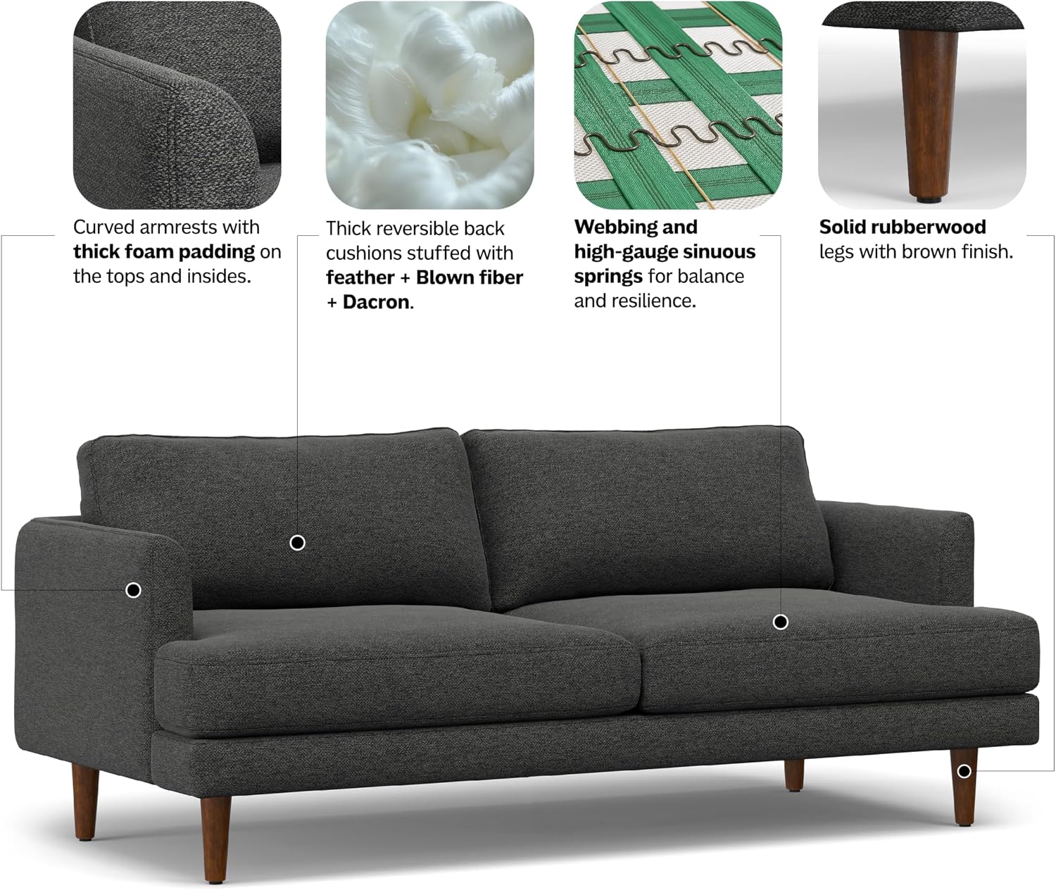 SIMPLIHOME Livingston 76' Wide x 33' High Sofa in Charcoal Grey Woven-Blend Fabric, Handcrafted Loveseat Couch for Living Room or Family Room, Mid-Century Modern Style, Solid Wood Frame