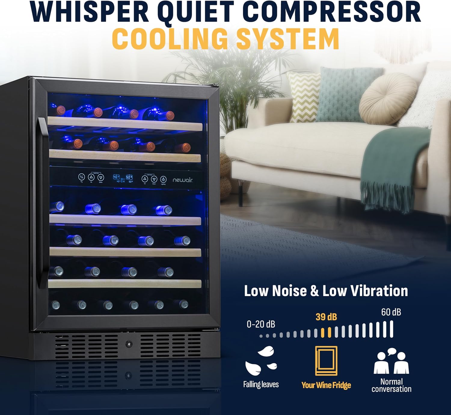 NewAir 24' Dual Zone Wine Fridge for 46 Bottles | Built-In or Freestanding Wine Cooler Refrigerator with Glass Door | Quiet Cooling & Adjustable Shelves for Red and White Wine | Black Stainless Steel