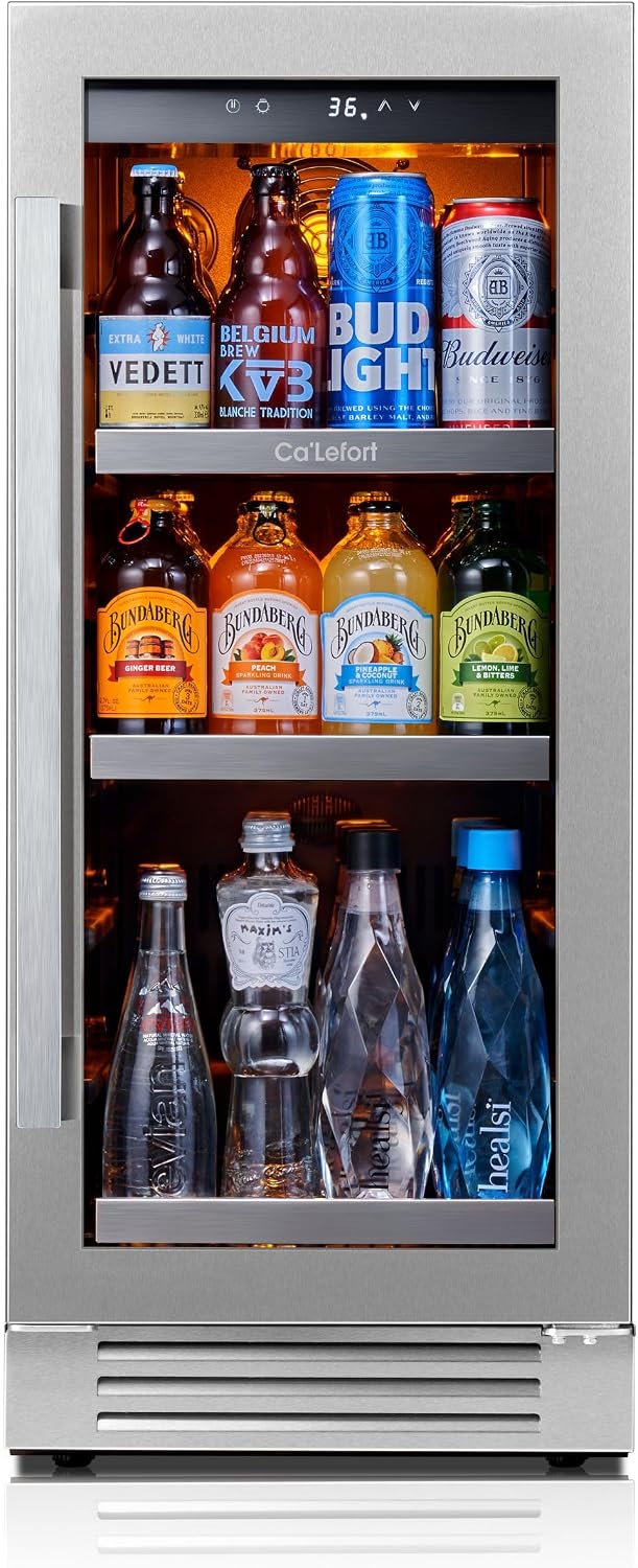 Ca'Lefort 15 Inch Beverage Fridge, 100 Can Beverage Refrigerator with Glass Door, 3 Color LED Lights, 34°F-54°F Built-in or Freestanding Drink Fridge for Kitchen, Home Bar, Office