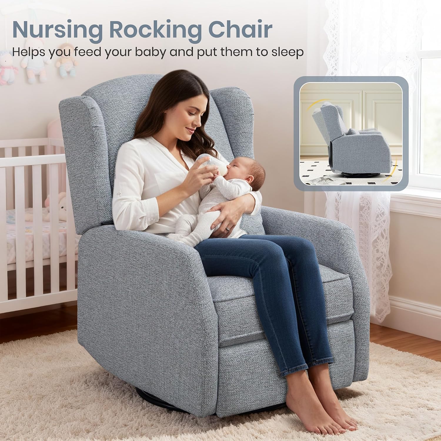 Swivel Rocker Recliner Chair with Adjustable Footrest, Swivel Rocking Recliner with Deep Seat Lumbar Pillow, Nursery Glider Recliner, 360° Recliner Chair for Living Room&Bedroom&Office (Gray)