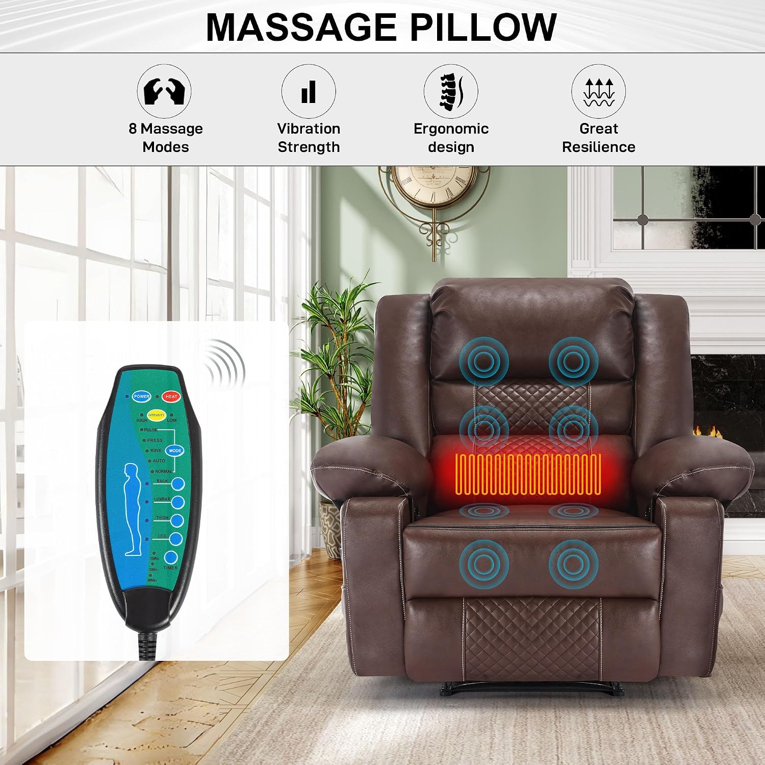 Massage Chair Recliner with Heat,Comfotable Lazy Boy Recliner Chair with 2 Side Pockets,Manual Recliners Chairs for Adults,Oversized Recliners Chairs for Big and Tall Man,Heavy Duty,PU Leather