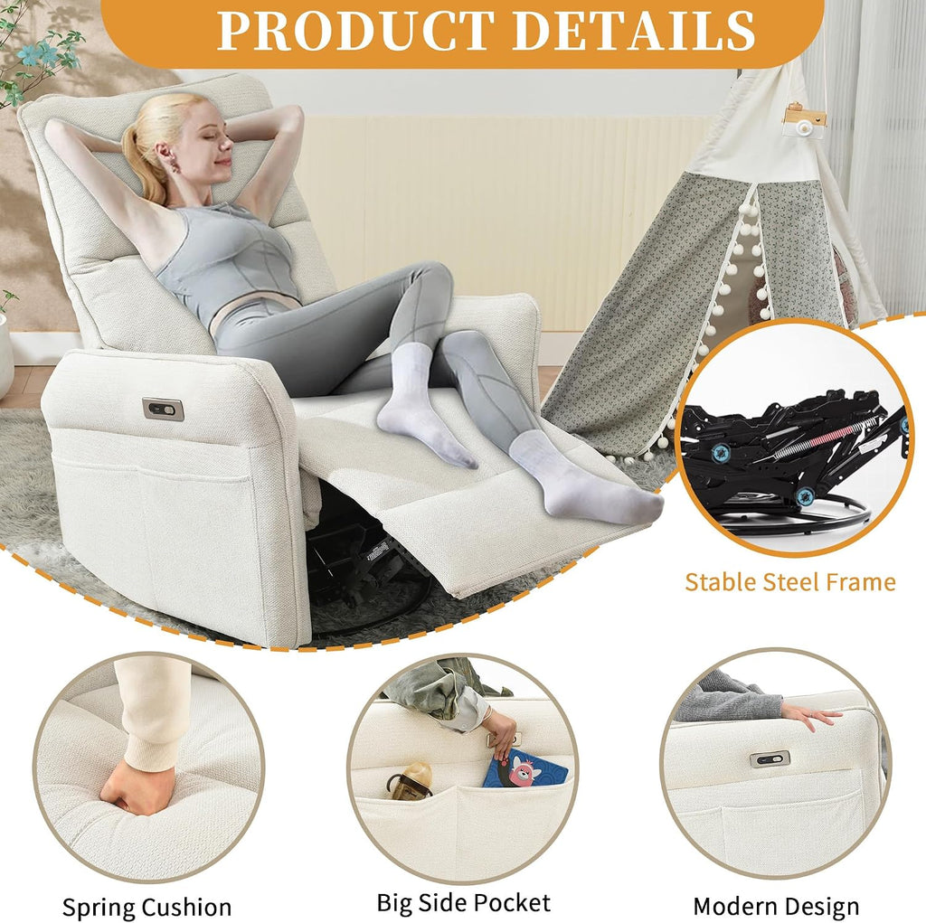 Power Swivel Rocker Recliner Chair for Nursery, Upholstered Snowflake Velvet 270°Swivel Glider Rocker Chair with USB Ports, Small Power Recliners for Small Spaces Living Room