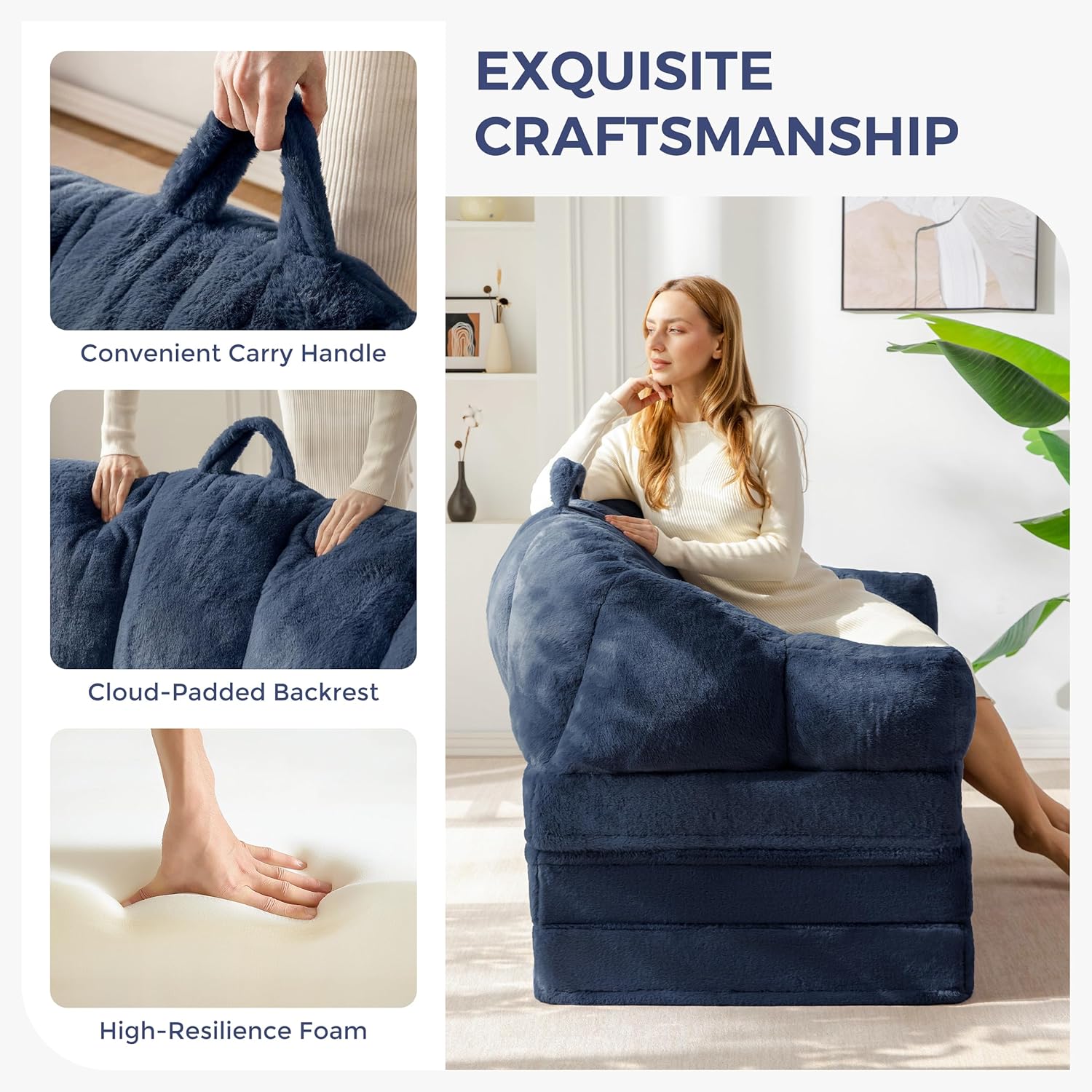 MAXYOYO Folding Sofa Bed, 2 in 1 Convertible Sofa to Lounger Comfy Loveseat Bean Bag Chair for Adults, Floor Sleeper Couch with Handle, Faux Fur Couch Bed for Living Room Bedroom, Navy, Loveseat
