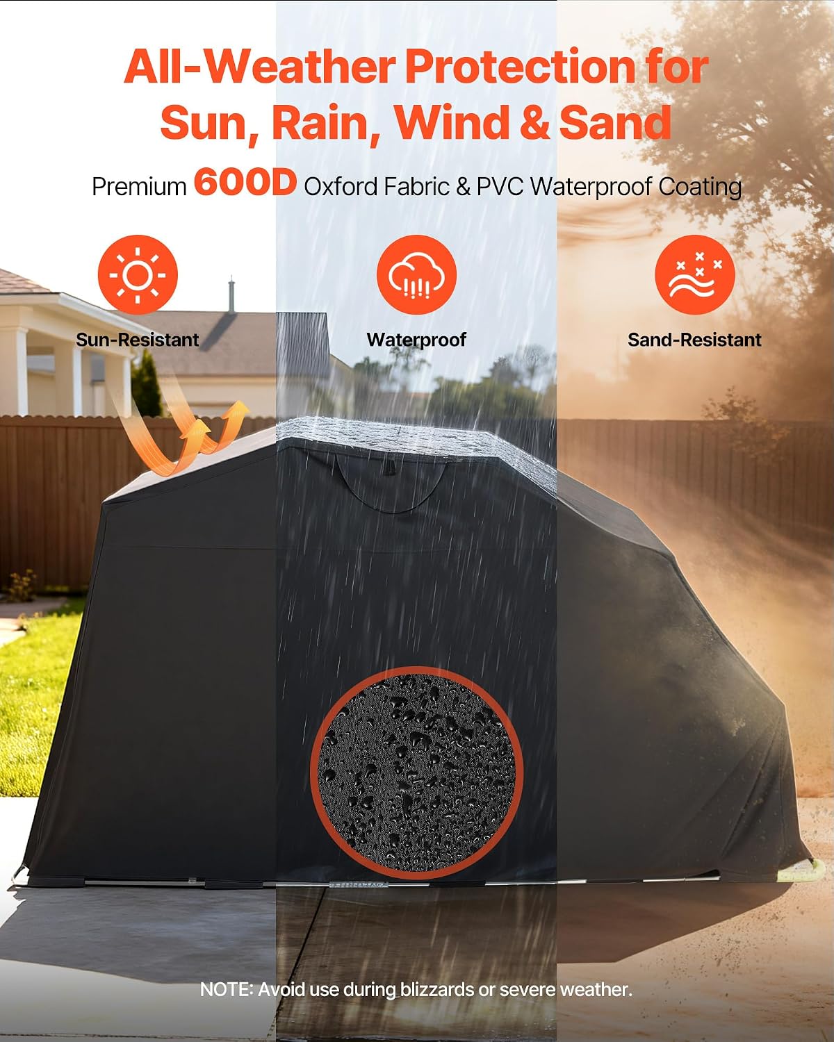VEVOR Motorcycle Storage Shelter 136 x 54 x 75 in with Security Lock, 600D Oxford Flip-Up Garage Tent, Heavy-Duty All-Weather Motorcycle Cover Shed with 2 Side Windows, Outdoor Vehicle Shelter, Black