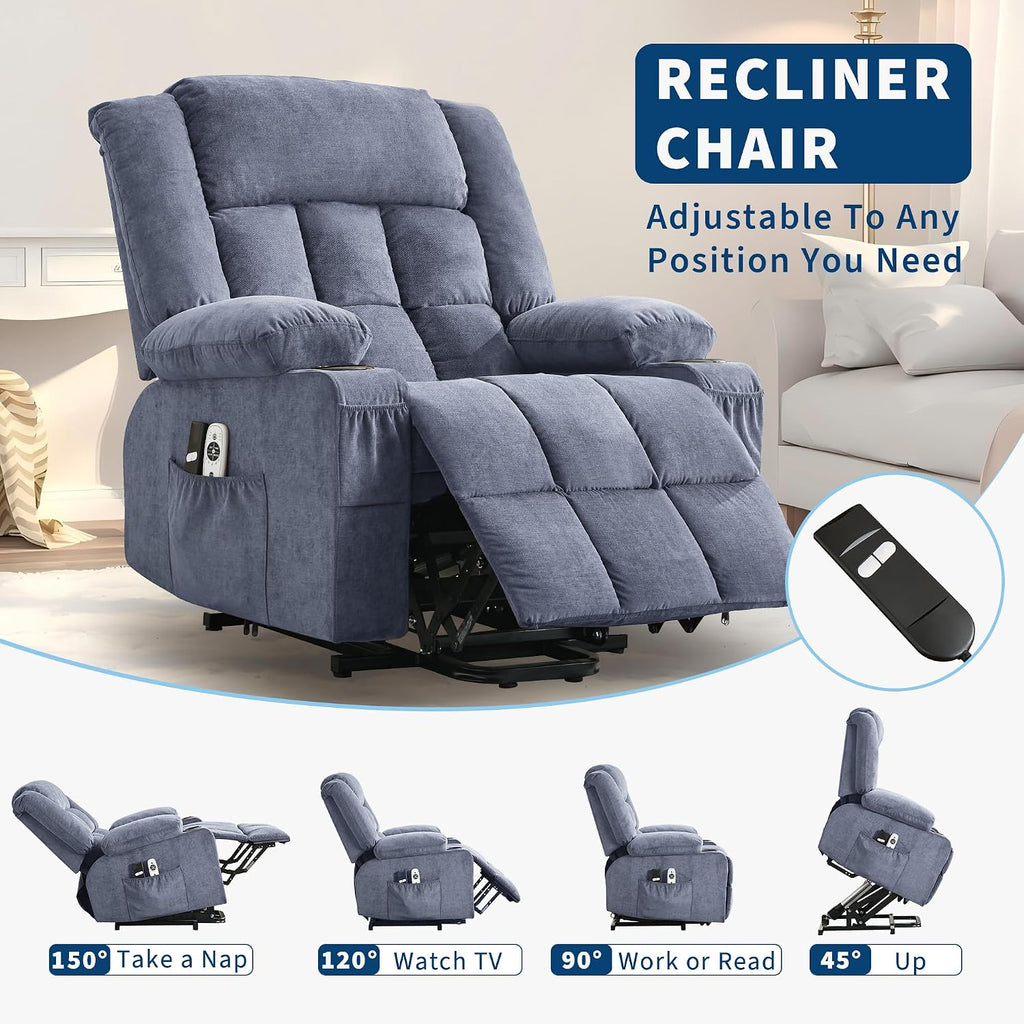 Power Lift Recliner Chair for Elderly Adults 8-Point Massage Lumbar Heating 90/120/150° 3 Recline Positions Motorized Lift Assist Remote Control 2 Side Pockets 2 Cup Holders USB Charging Ports