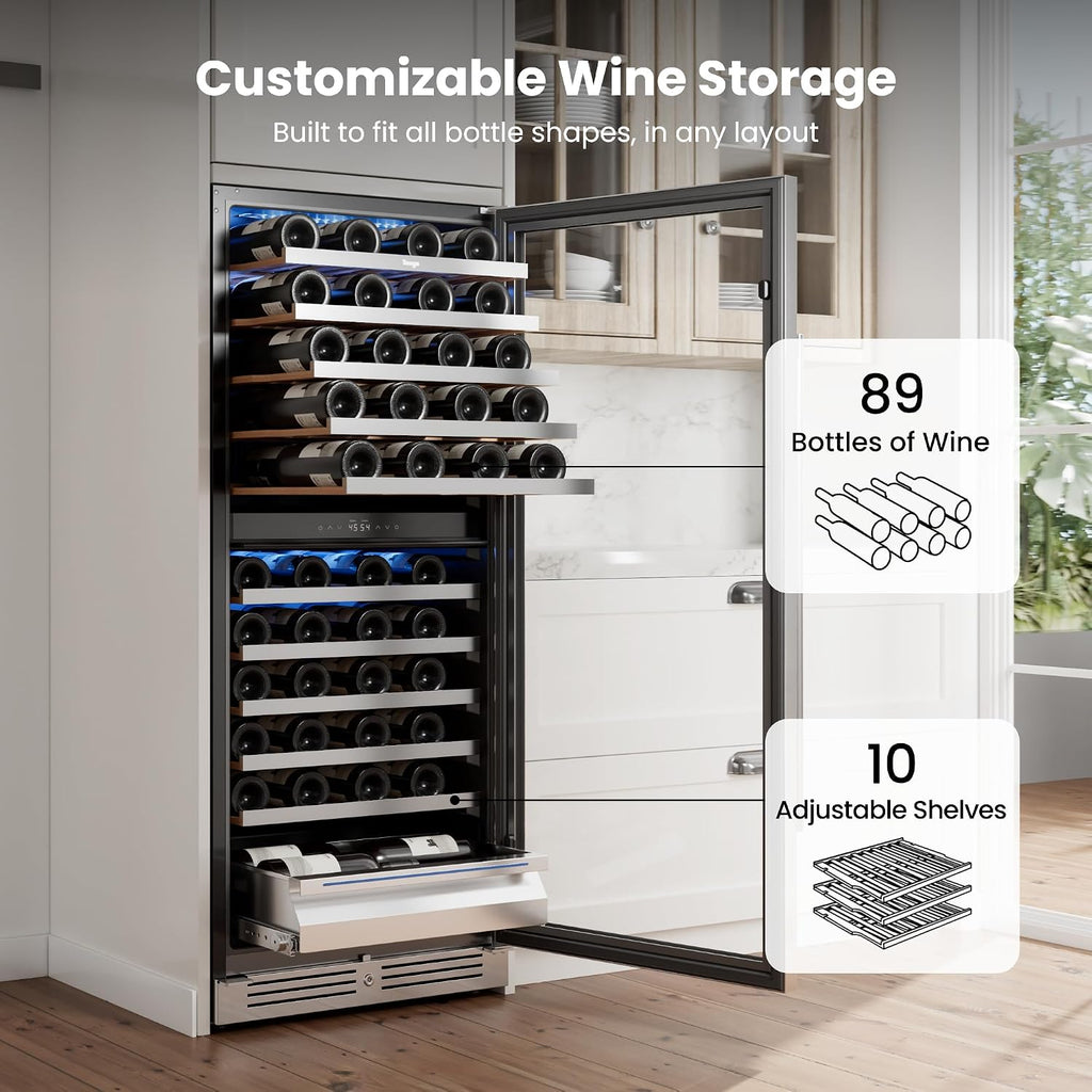 Yeego 24 Inch Wine Fridge, 40°F-65°F Dual Zone Wine Cooler Refrigerator, 304 Stainless Steel Glass Door Lock, Temp Memory Blue & White LED Built-in Fridge with Adjustable Shelves (89 Bottle)