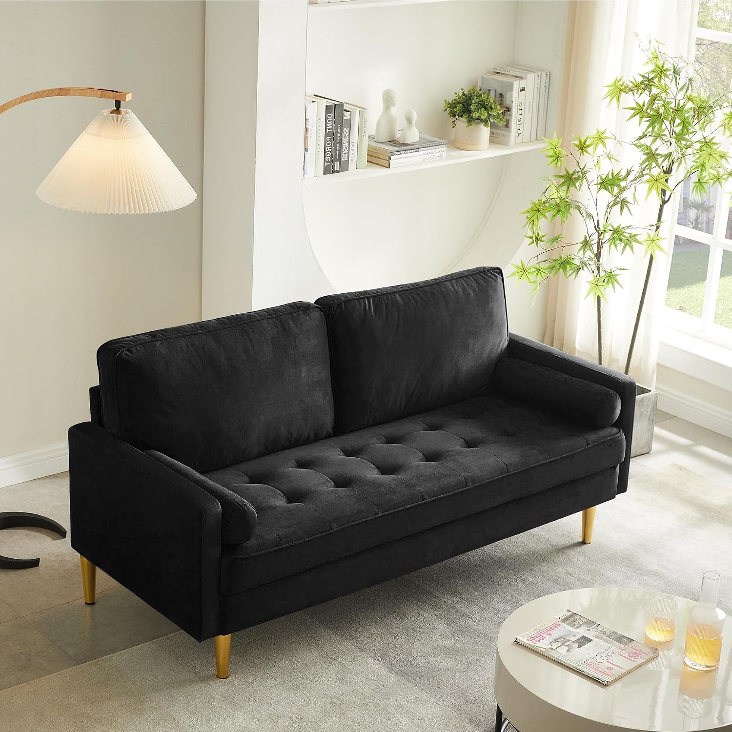 67' Modern Velvet Loveseat Sofa Couch, Mid-Century Tufted Upholstered Small Love Seat Couch with 2 Pillows & 4 Golden Legs, 2-Seats Couches for Compact Space, Living Room, Apartment (Black)