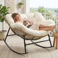 FINCATI Outdoor Indoor Papasan Rocking Chair, Oversized Wicker Rattan Recliner with Cushion, Comfy Large Wide Patio Lounge Egg Chairs, 450 Lbs Heavy Duty Rocker for Balcony Garden Living Room Beige