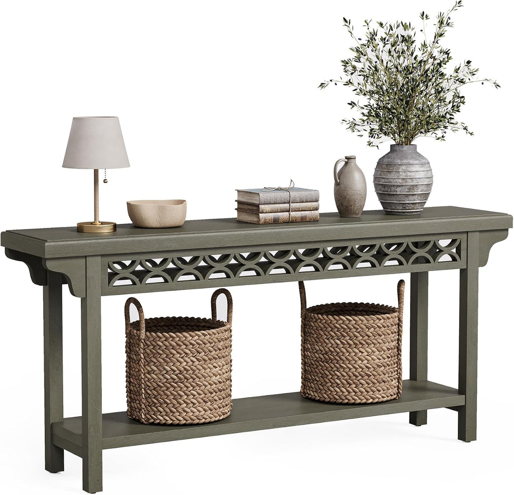 LITTLE TREE 70.87-Inch Long Console, Solid Wood Farmhouse Narrow Entryway Table with Shelf, Rustic Sofa Table for Living Room, Hallway, Dark Grey
