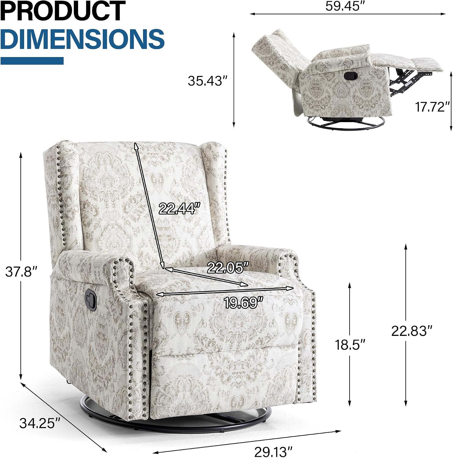 Swivel Rocker Recliner Chairs Set of 2, 360° Swivel Wingback Recliner Chairs for Adults, Upholstered Printed Fabric Glider Rocking Chair with High Back, Deep Seat for Living Romm Bedroom, Beige