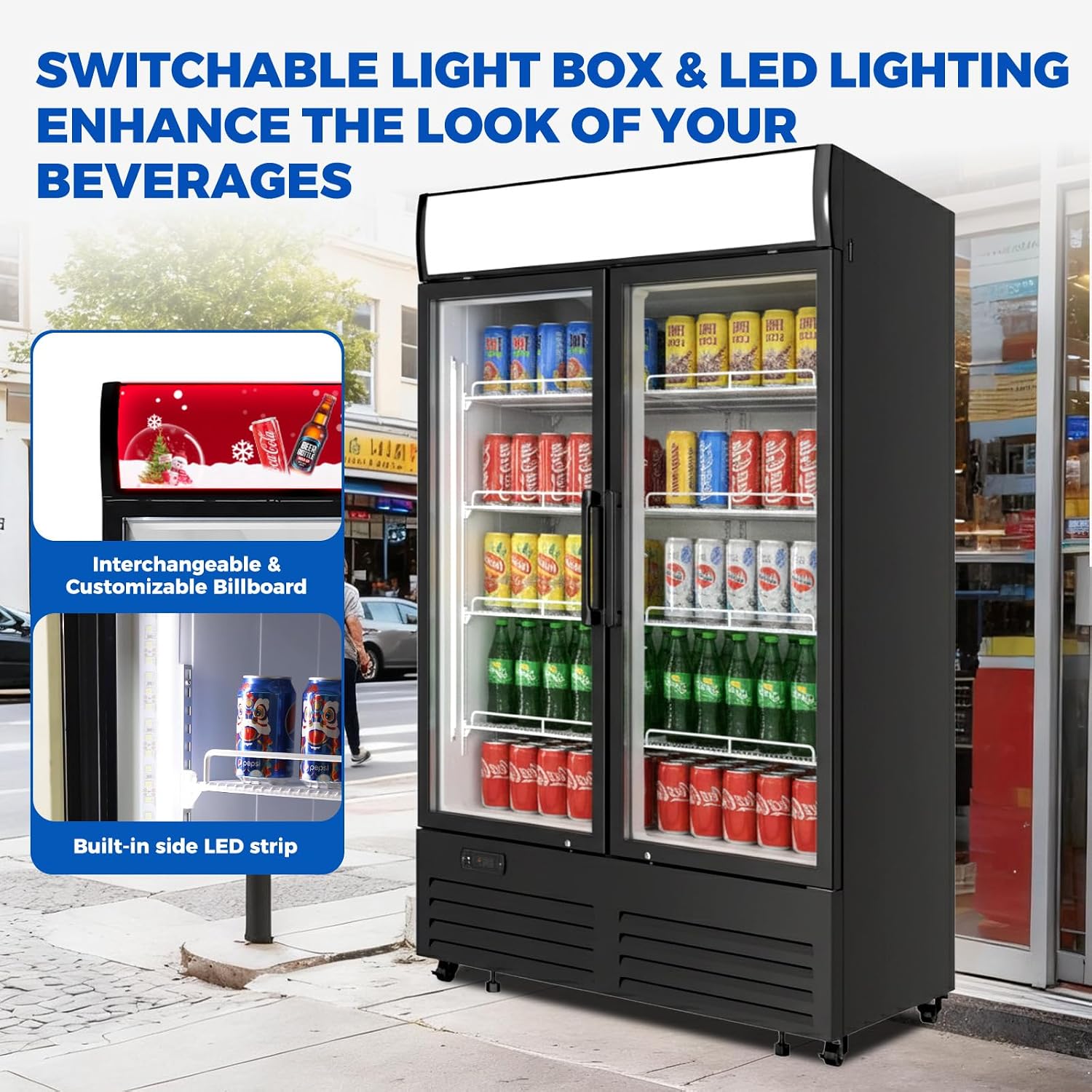 26 cu.ft Commercial Refrigerators with 2 Glass Door, Beverage Fridge with LED Light Display Upright Merchandiser, Drink Cooler with 8 Adjustable Shelves Black ETL Approved