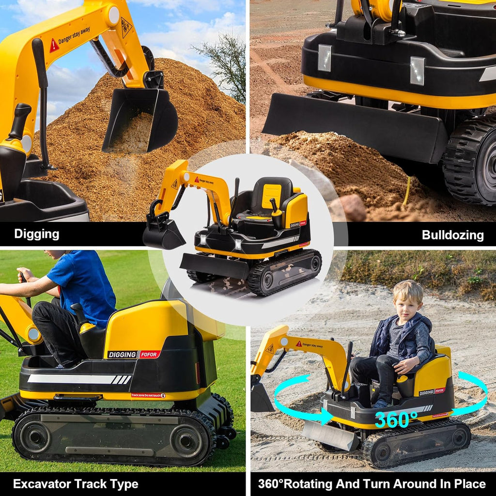 360 Degree Rotating Ride On Excavator and Bulldozer,JOYLDIAS 12V12AH Battery Powered Ride On Toy Backhoe W/Track Design Wheels for All Terrain,Remote Control,MP3,Toolbox for Kids,Parent,Yellow
