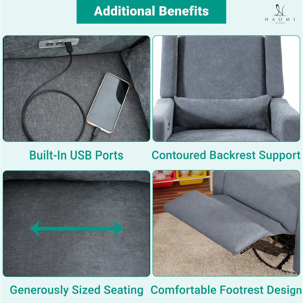 Naomi Home Tanya Luxury Motion Recliner Chair, Gray – Plush Upholstered Glider Rocker with USB Charging, Swivel, and Lumbar Support for Nursery Comfort, 275 lbs Capacity