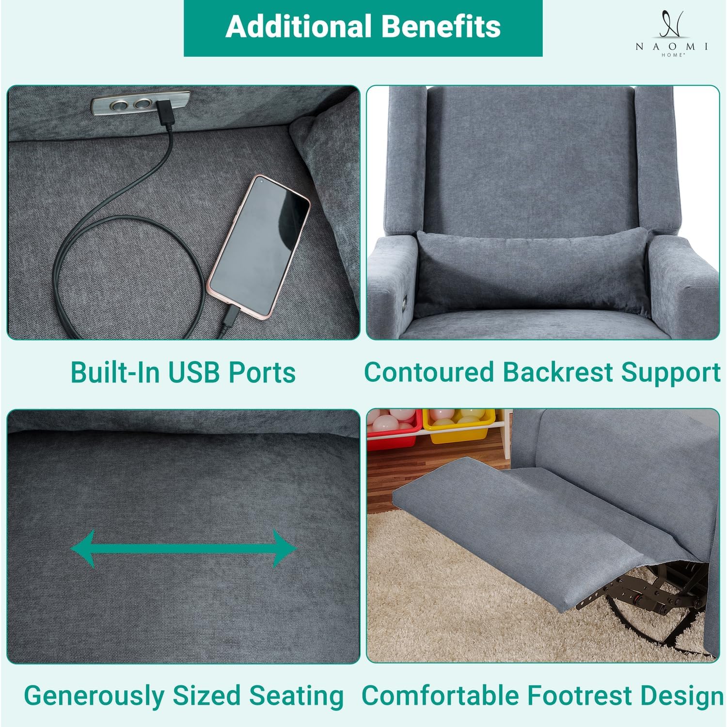 Naomi Home Tanya Luxury Motion Recliner Chair, Gray – Plush Upholstered Glider Rocker with USB Charging, Swivel, and Lumbar Support for Nursery Comfort, 275 lbs Capacity