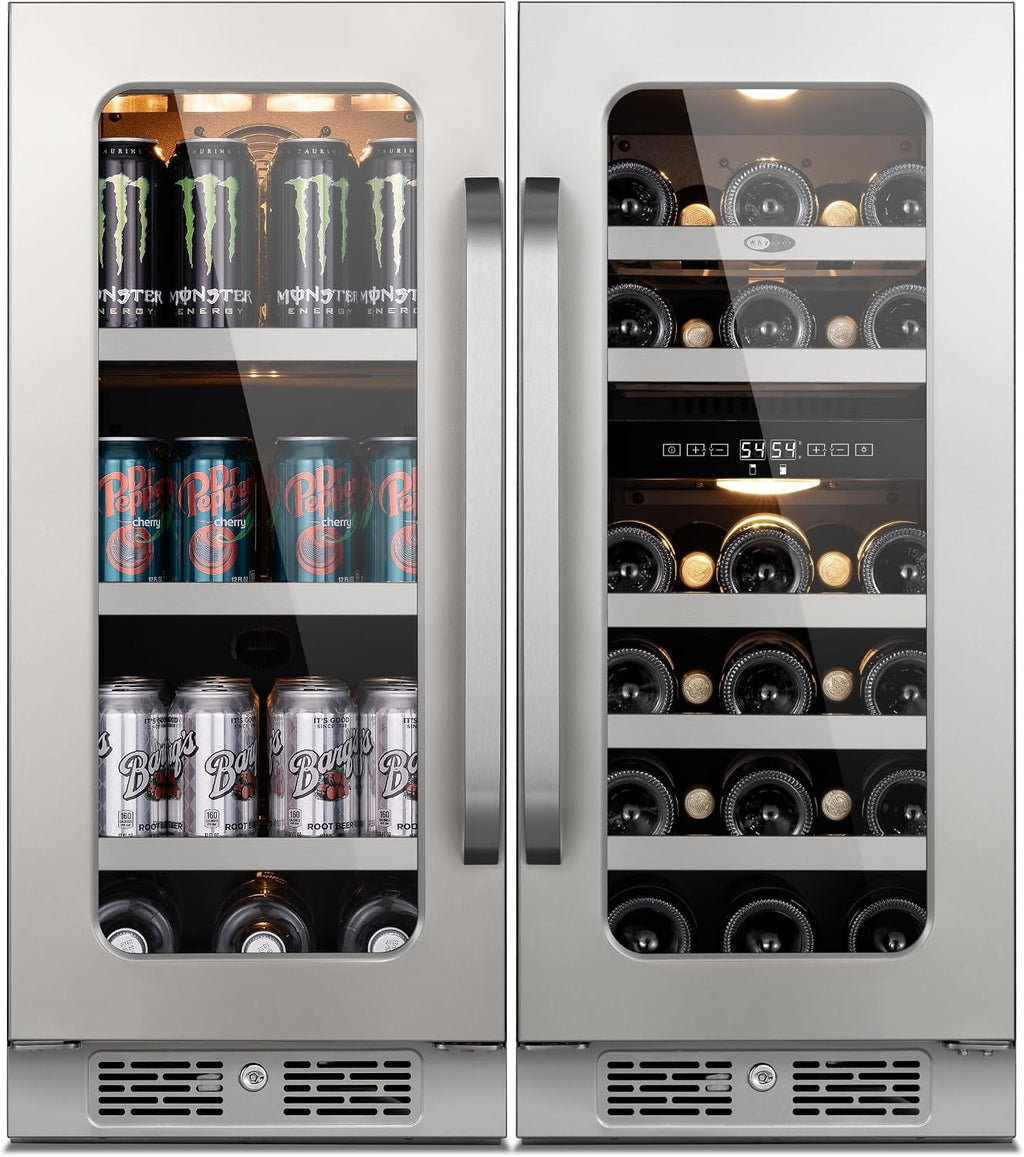 Wine and Beverage Refrigerator, 30' Dual Zone Under Counter Wine Beverage Cooler Built-In or Freestanding Wine Fridge with Glass French Door Holds 80 Can & 29 Bottle