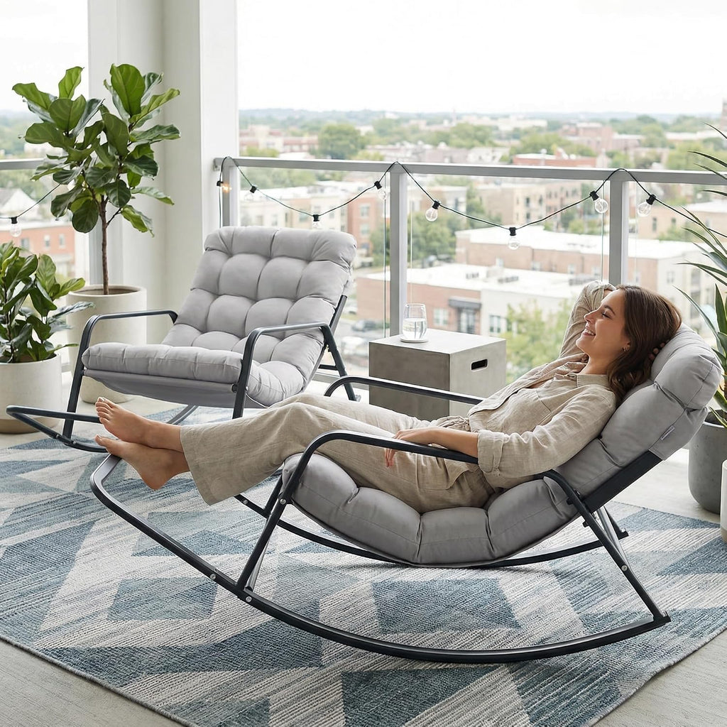 NICESOUL Set of 2 Outdoor Papasan Rocking Chair with Footrest, Oversized Patio Rocker with Cushion, Heavy Duty Steel Frame, Large Comfortable Rocking Lounge Chair for Backyard Balcony, Grey