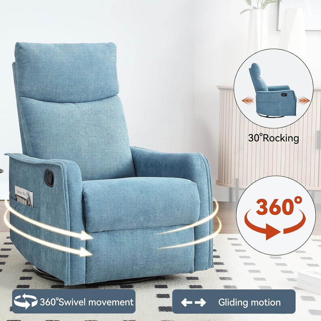 Anwick 360° Swivel Rocker Recliner Chair with Heat and Massage, Manual Upholstered Recliner for Small Spaces, Fabric Glider Nursery Chair with Side Pockets for Living Room (Blue)
