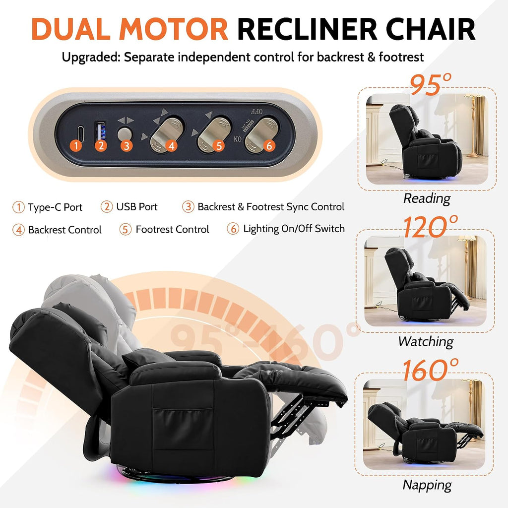 BINGTOO Dual Motor Power Swivel Rocker Recliner Chair with Massage & Heat, Electric Wall Hugger Glider Chair for Adults, Nursery with LED Lights, USB-C Ports & Cup Holders, Faux Leather Black, 1 Chair