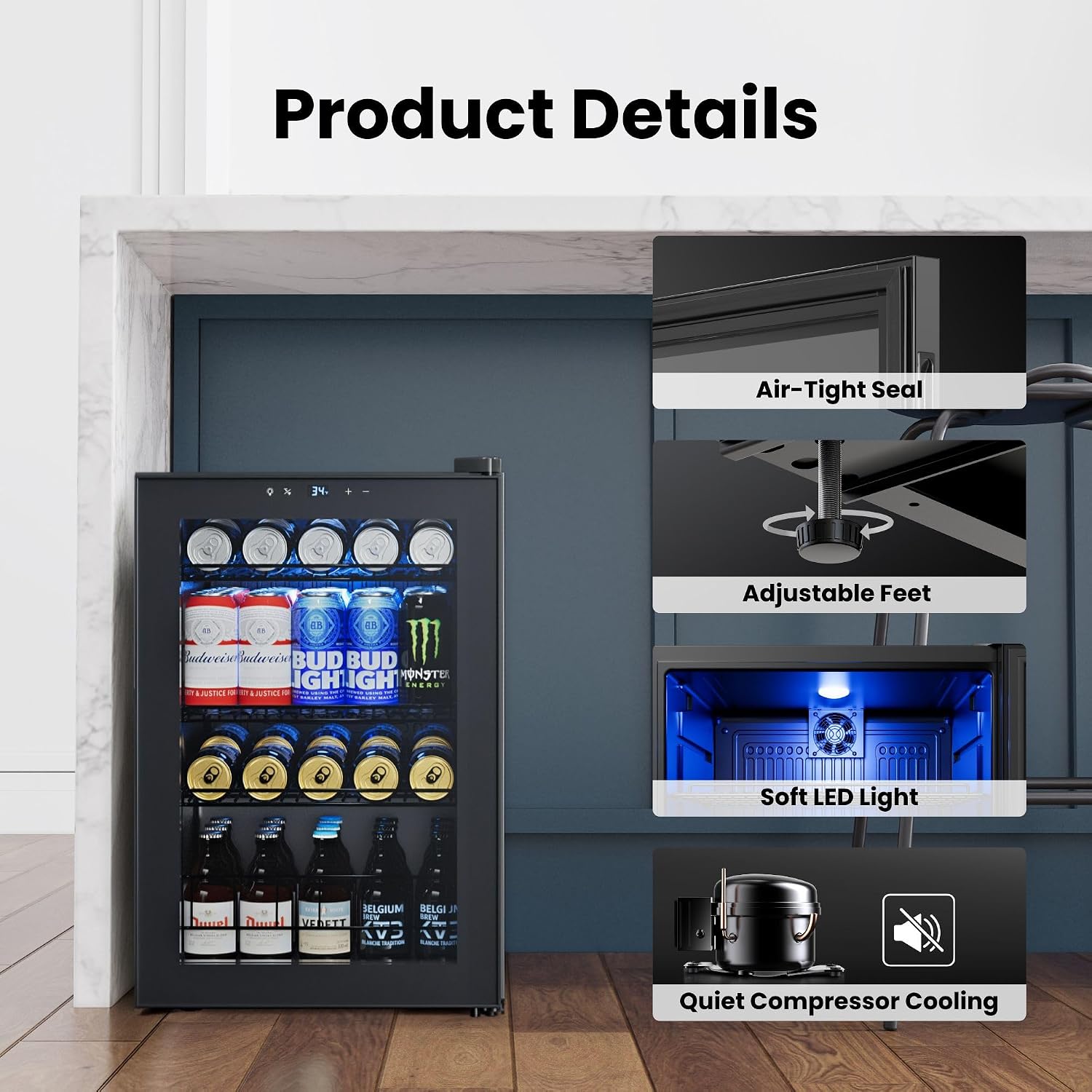 Yeego Countertop & Freestanding Beverage Fridge, 85-Can Mini Drink Refrigerator with Glass Door, Adjustable Shelves, Digital Temperature Control 34–54°F, Compact Cooler for Kitchen, Office, Bar