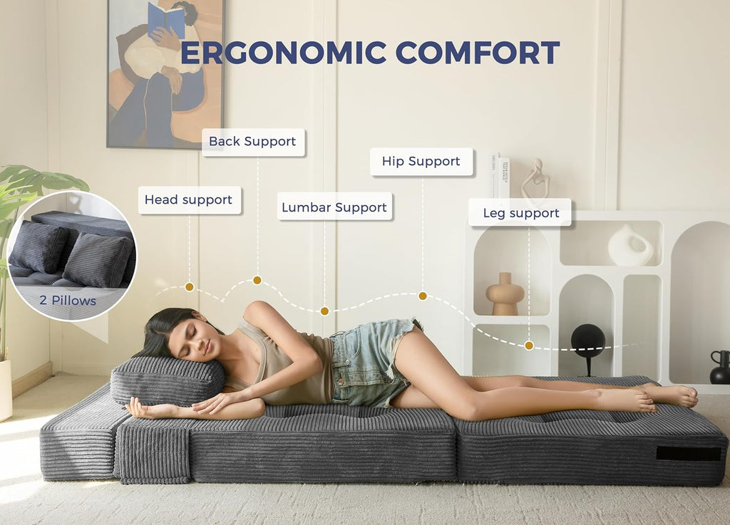 MAXYOYO Convertible Sofa Bed, Fold Out Sleeper Sofa with Pillow, 4 in 1 Tufted Folding Couch Bed Foam Floor Couch, Lazy Chair for Living Room Bedroom Guest Room, Dark Grey