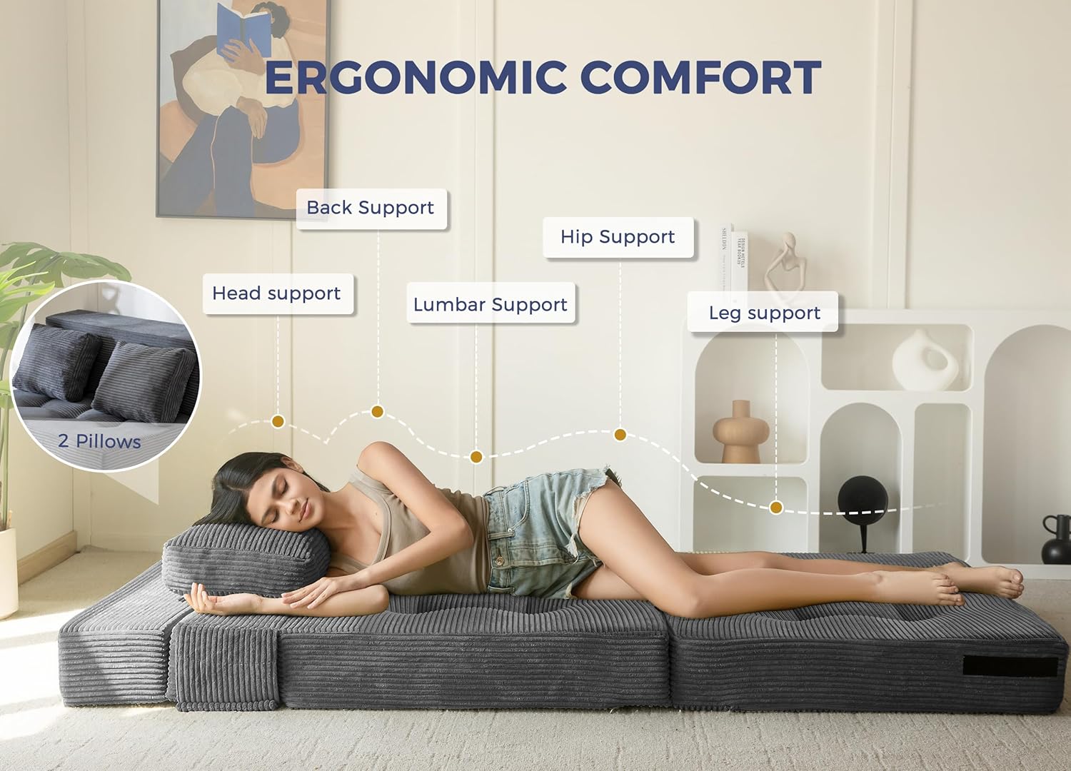 MAXYOYO Convertible Sofa Bed, Fold Out Sleeper Sofa with Pillow, 4 in 1 Tufted Folding Couch Bed Foam Floor Couch, Lazy Chair for Living Room Bedroom Guest Room, Dark Grey