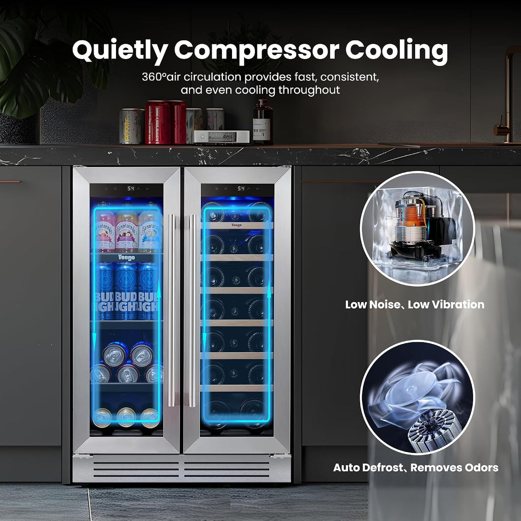 Yeego 24 Inch Wine and Beverage Cooler - 36-72°F, Holds 60 Cans & 20 Bottles Adjustable Shelves Beverage Fridge, Stainless Steel with glass Door for Built-in for Kitchen/Bar