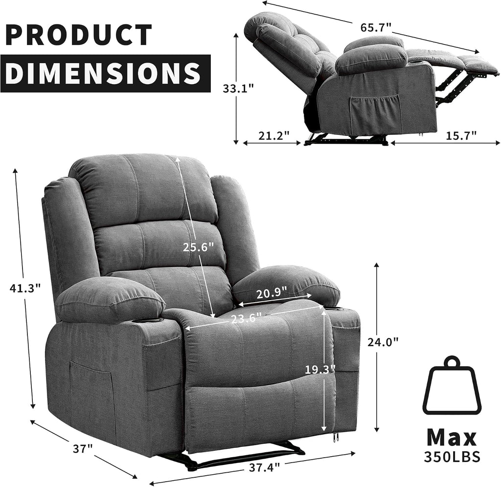 GarveeHome Large Recliner Chair for Adults Manual Pull Tab Reclining Chair with Cup Holders 3-Position Recliner Sofa for Living Room Overstuffed Single Sofa Chair Supports 350 Lbs
