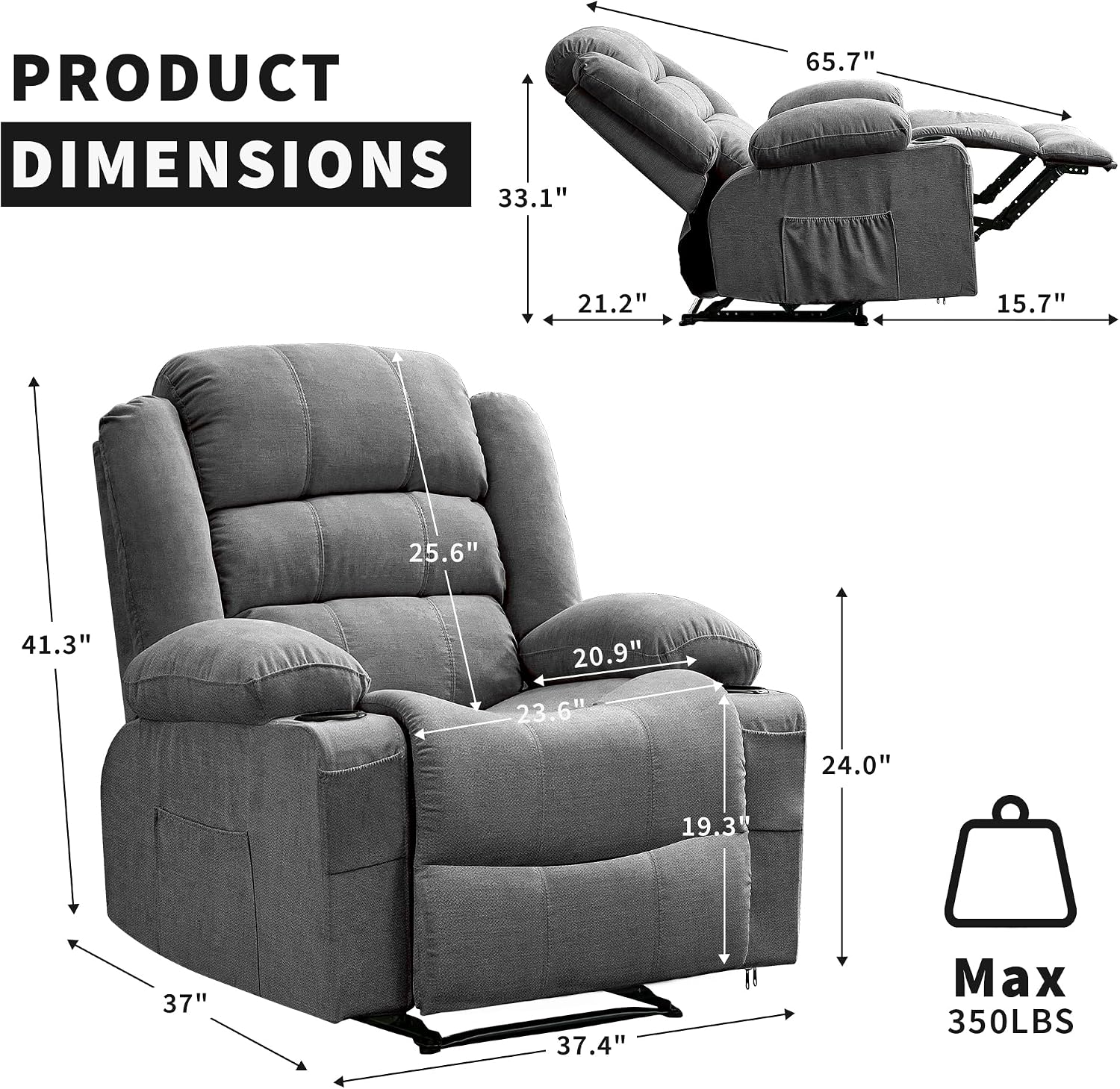 GarveeHome Large Recliner Chair for Adults Manual Pull Tab Reclining Chair with Cup Holders 3-Position Recliner Sofa for Living Room Overstuffed Single Sofa Chair Supports 350 Lbs
