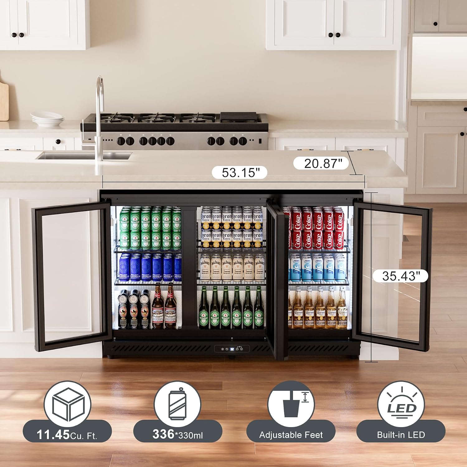 COTLIN Wine and Beverage Refrigerator, Back Bar Cooler with Low-E Glass and Auto Defrost, 3 Door Commercial Under Counter Fridge for Beer, Wine, Soda, Triple Fan Cooling, ETL and NSF, 11.45 Cu.Ft
