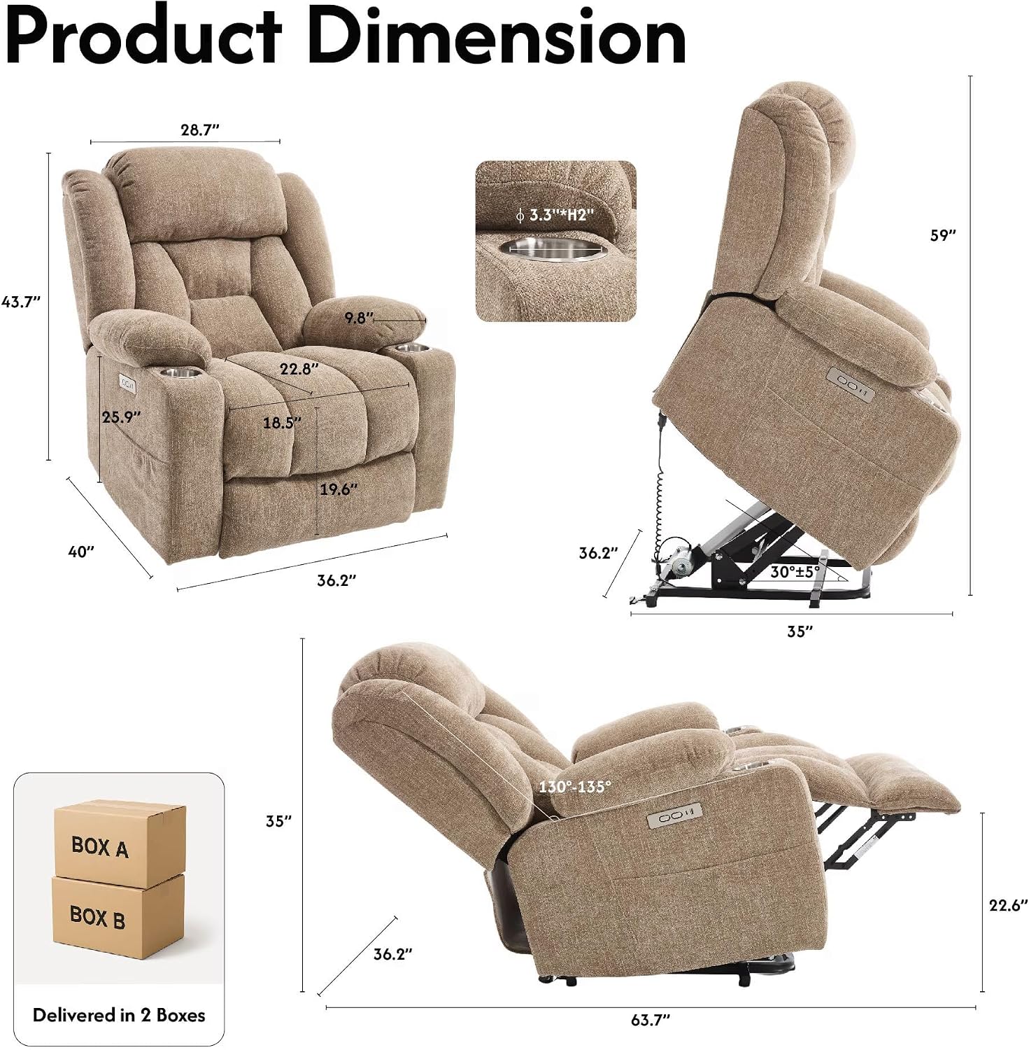 FLEXISPOT Power Lift Recliner Chair with Massage & Heat, Single Motor Lift Chair, Chenille Fabric Upholstery, USB/Type-C, Cup Holders, Side Pockets