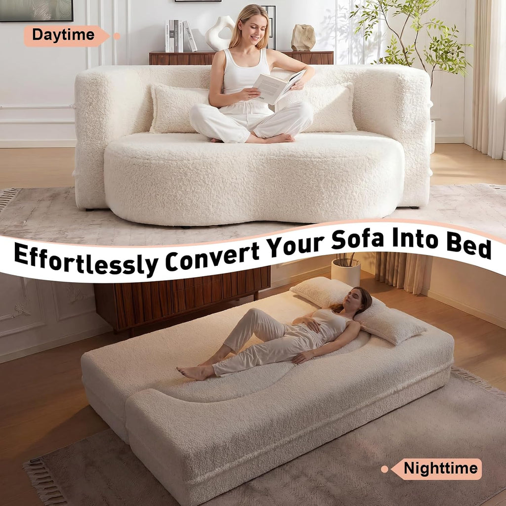 78' Full Size Convertible Folding Sofa Bed, Modern Teddy Fabric Futon Sofa Bed with 2 Pillows, Foam Mattress Futon Loveseat Couch, No Assembly Floor Couches for Living Room, Playroom, Apartment, Beige