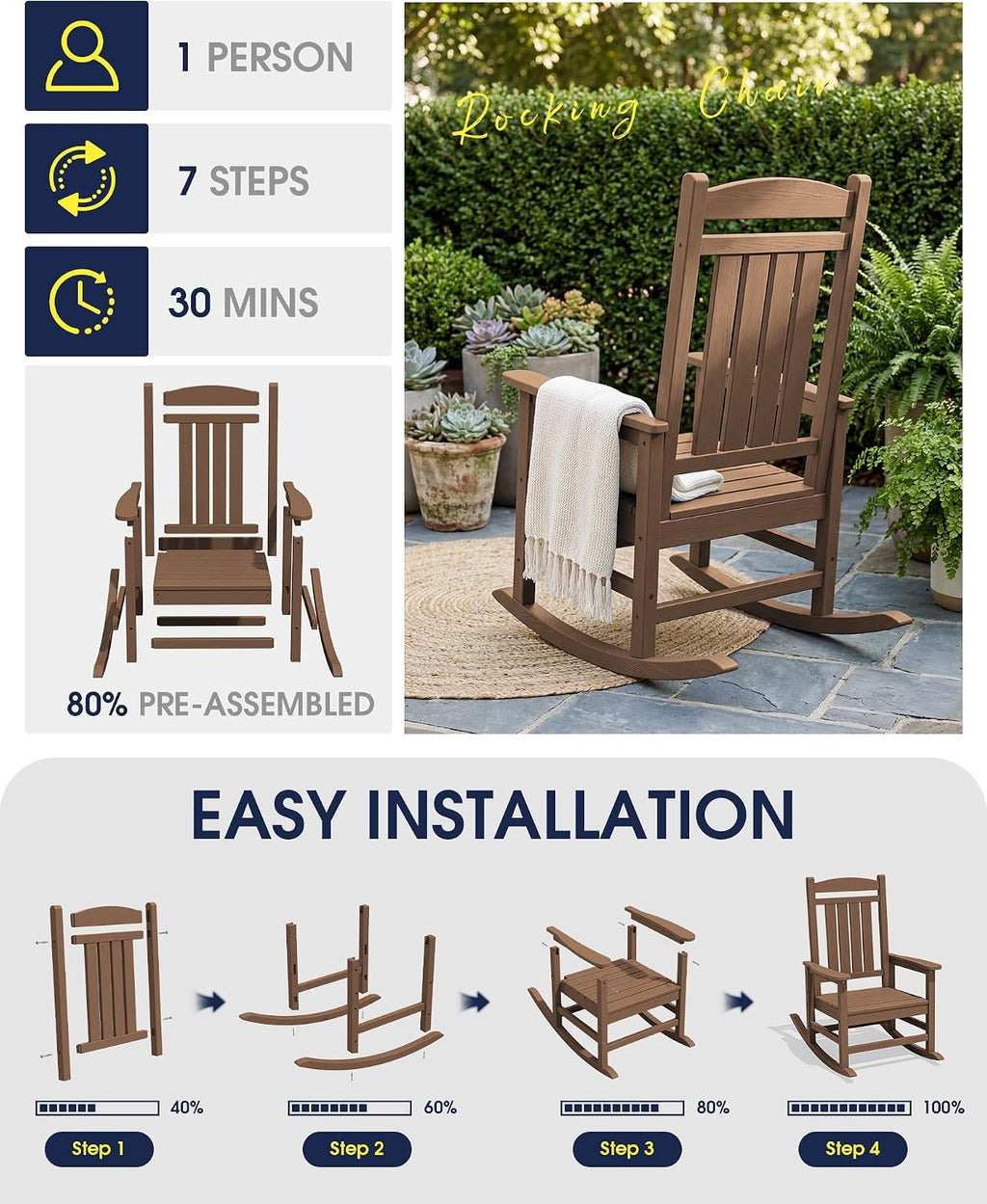KINGYES Oversized Outdoor Rocking Chair Set of 2, High Density Polyethylene Patio Rocking Chairs with 350lbs Support for Adults, Porch Recliner Rocker, Brown