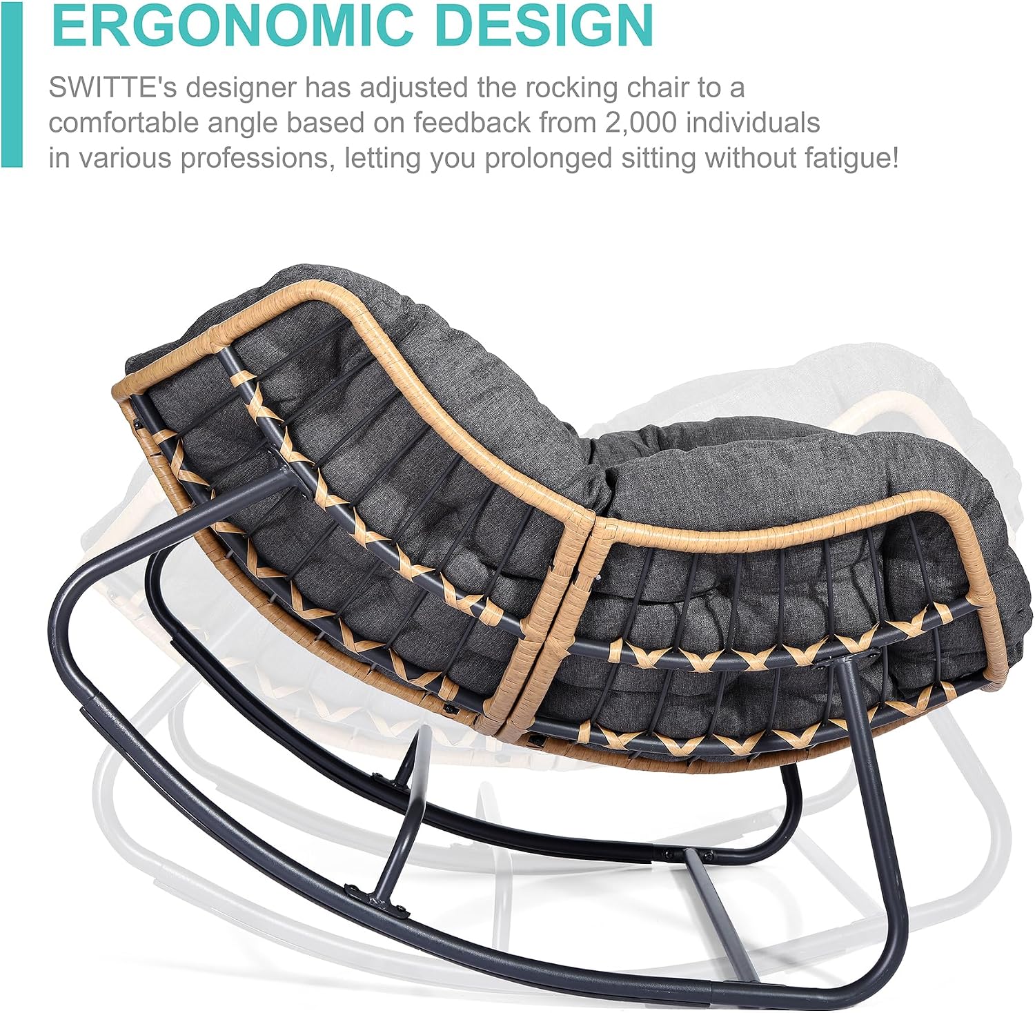 SWITTE Outdoor Rocking Chair, Indoor Papasan Rocking Lounge with Thick Cushion, Oversized Cozy Patio Rocker for Bedroom, Living Room, Porch, Garden, Lawn-Dark Grey