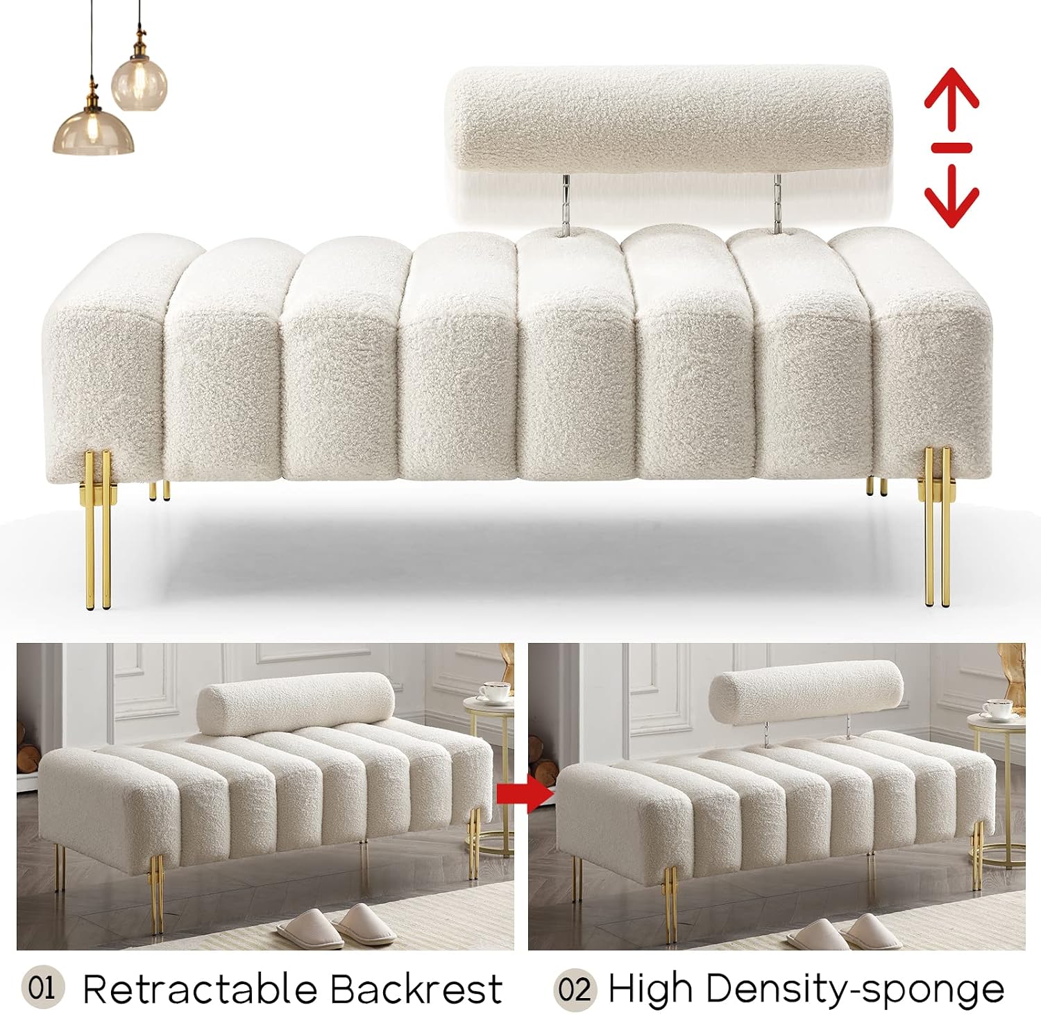NIOIIKIT 53.2' Modern Loveseat Sofa Couch, Upholstered Accent Sofa with Golden Legs and Adjustable Backrest, Small Teddy Fleece Couches for Bedroom, Living Room, Compact Small Space (Beige Teddy)