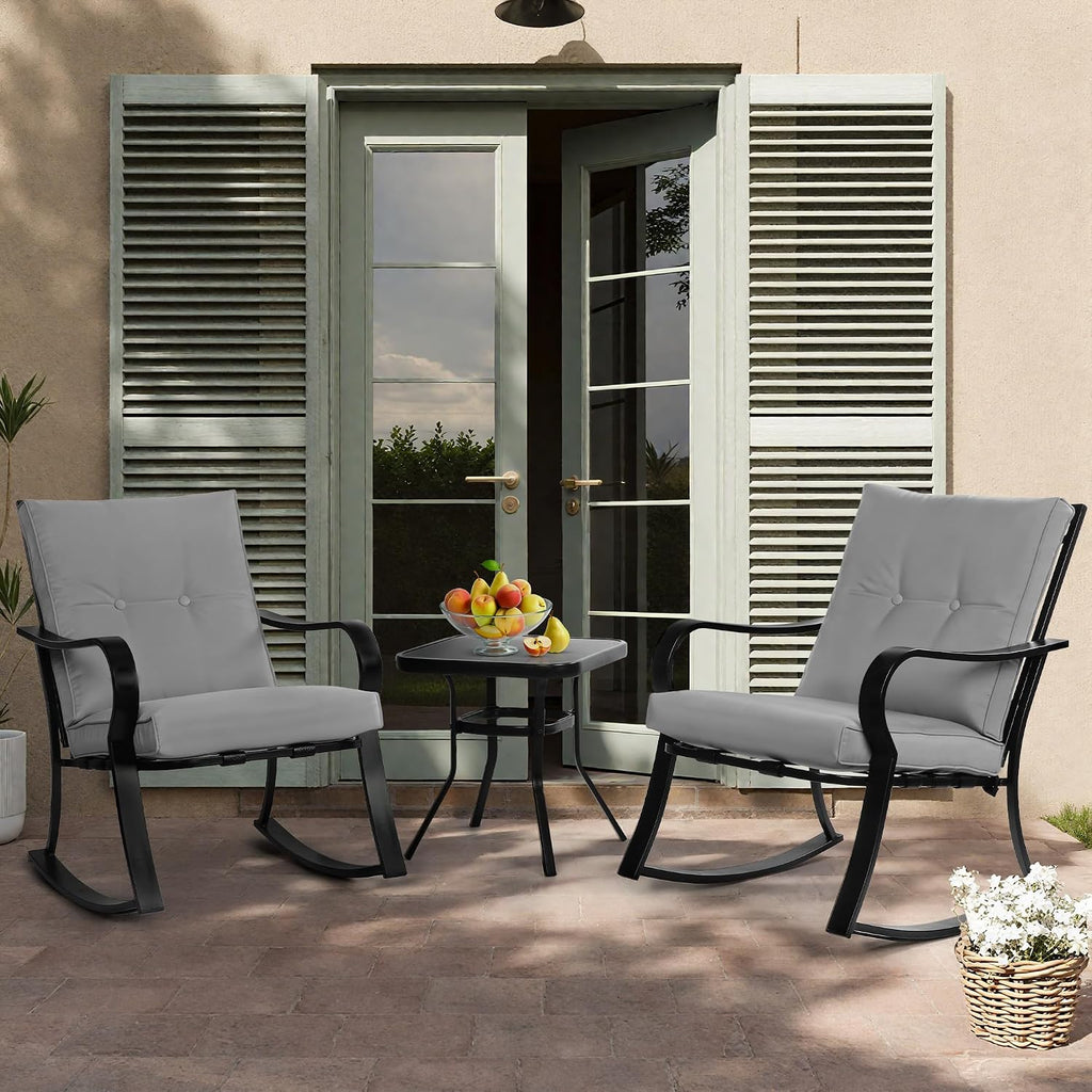 Incbruce 3 Piece Patio Bistro Set Outdoor Rocking Chairs Set, Porch Patio Conversation Chairs Set of 2 with Glass-Top Coffee Table (Grey Thickened Cushion)