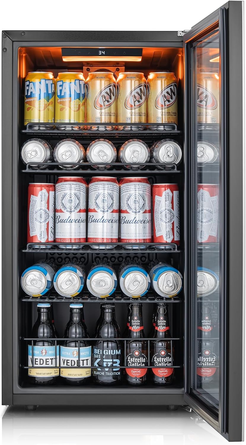 Ca'Lefort 105 Cans Beverage Cooler Mini Fridge, Beverage Refrigerator with Reversible Glass Door, Adjustable Shelves for Soda, Beer & Wine, Digital Temperature Control for Home, Office, Bar or Dorm
