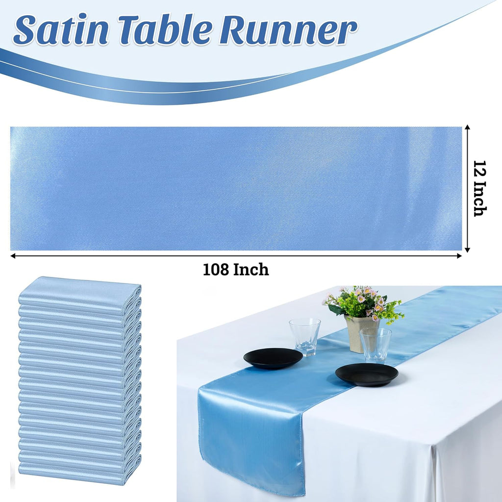MDS 100 PCS Satin Table Runners 12 x 108 Inch Charmeuse Sateen Silk Table Runner for Indoor Outdoor Wedding Reception Birthday Graduation Party Event Banquet Dining Table Decoration - Baby Blue